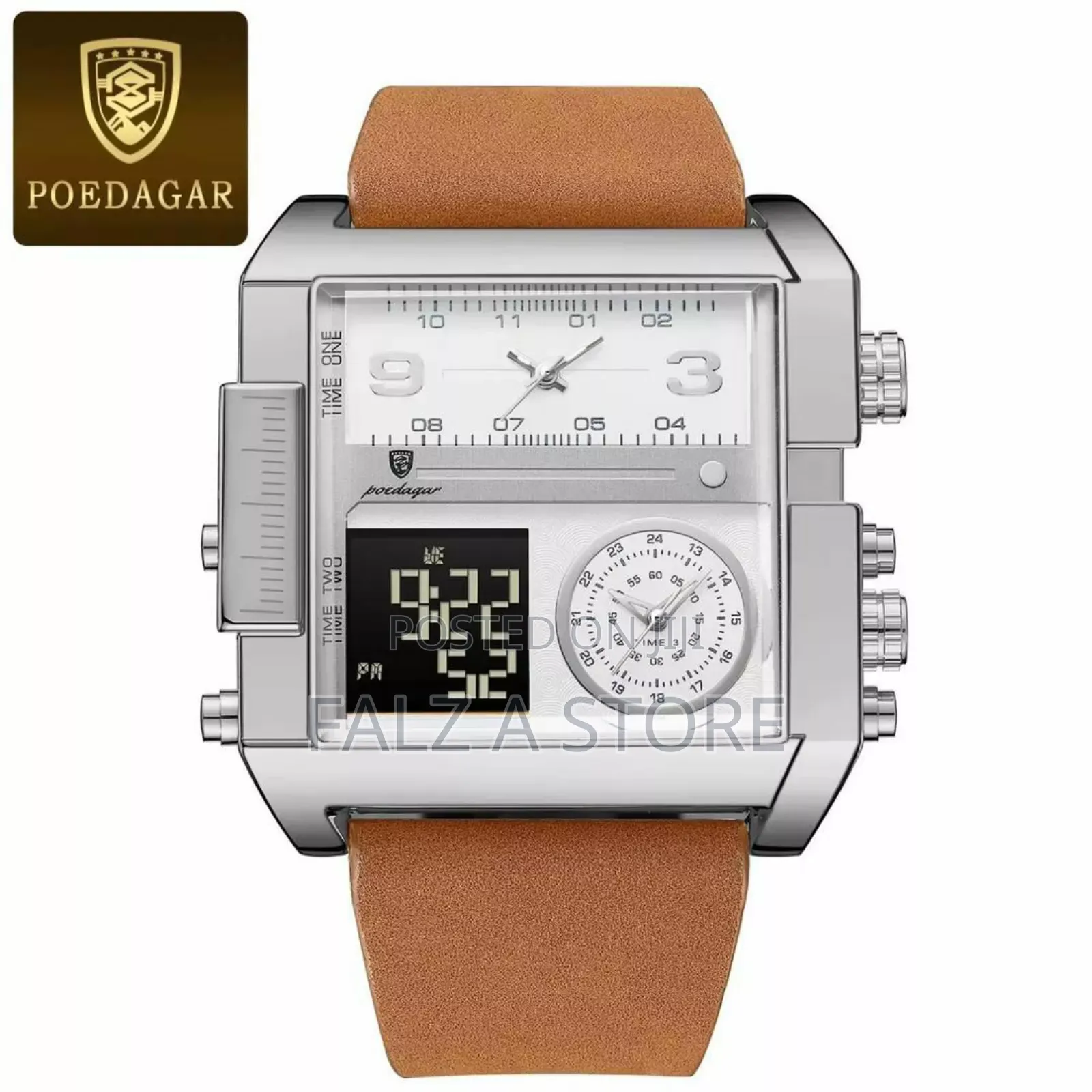 Poedagar Leather Wristwatch (3 Timer Wristwatch)(Quartz Movement)
