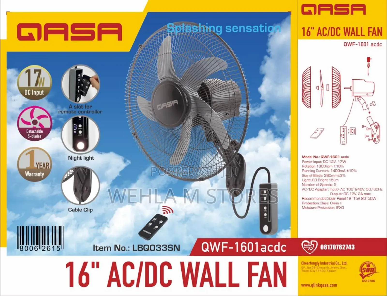 Qasa 16" Ac/Dc Wall Fan - QWF-1601 Acdc