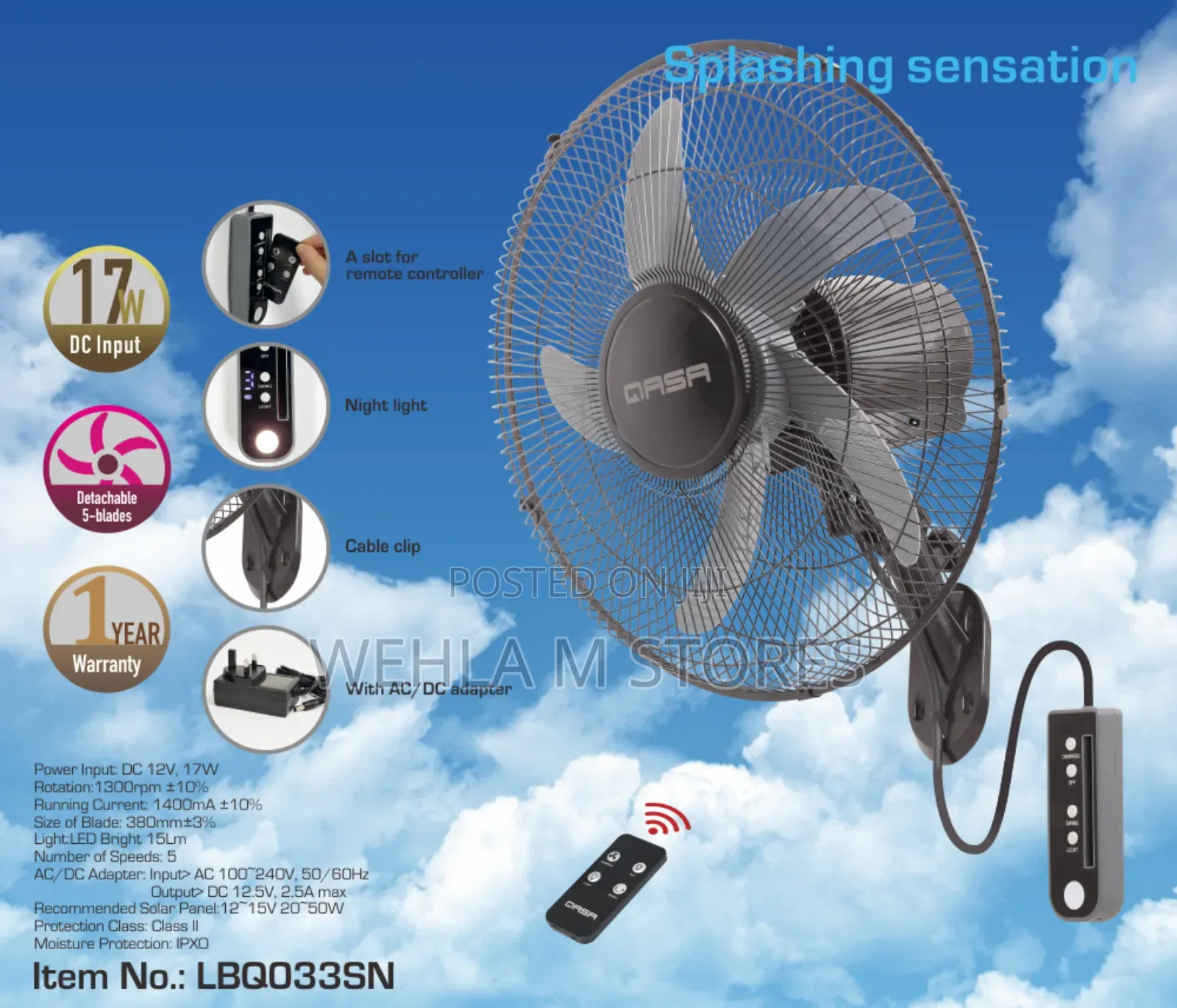 Qasa 16" Ac/Dc Wall Fan - QWF-1601 Acdc
