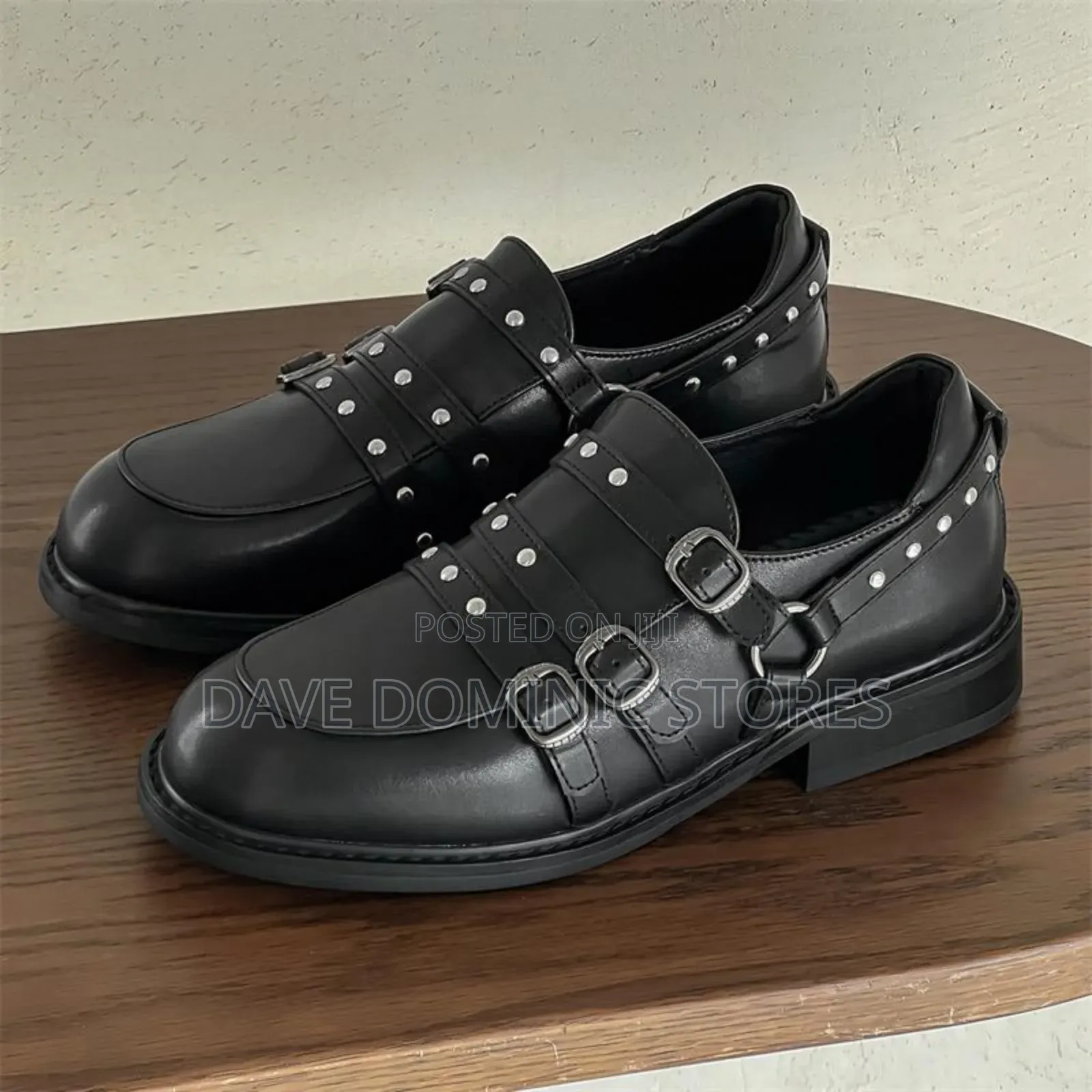 Black Leather Buckle Heeled Loafers