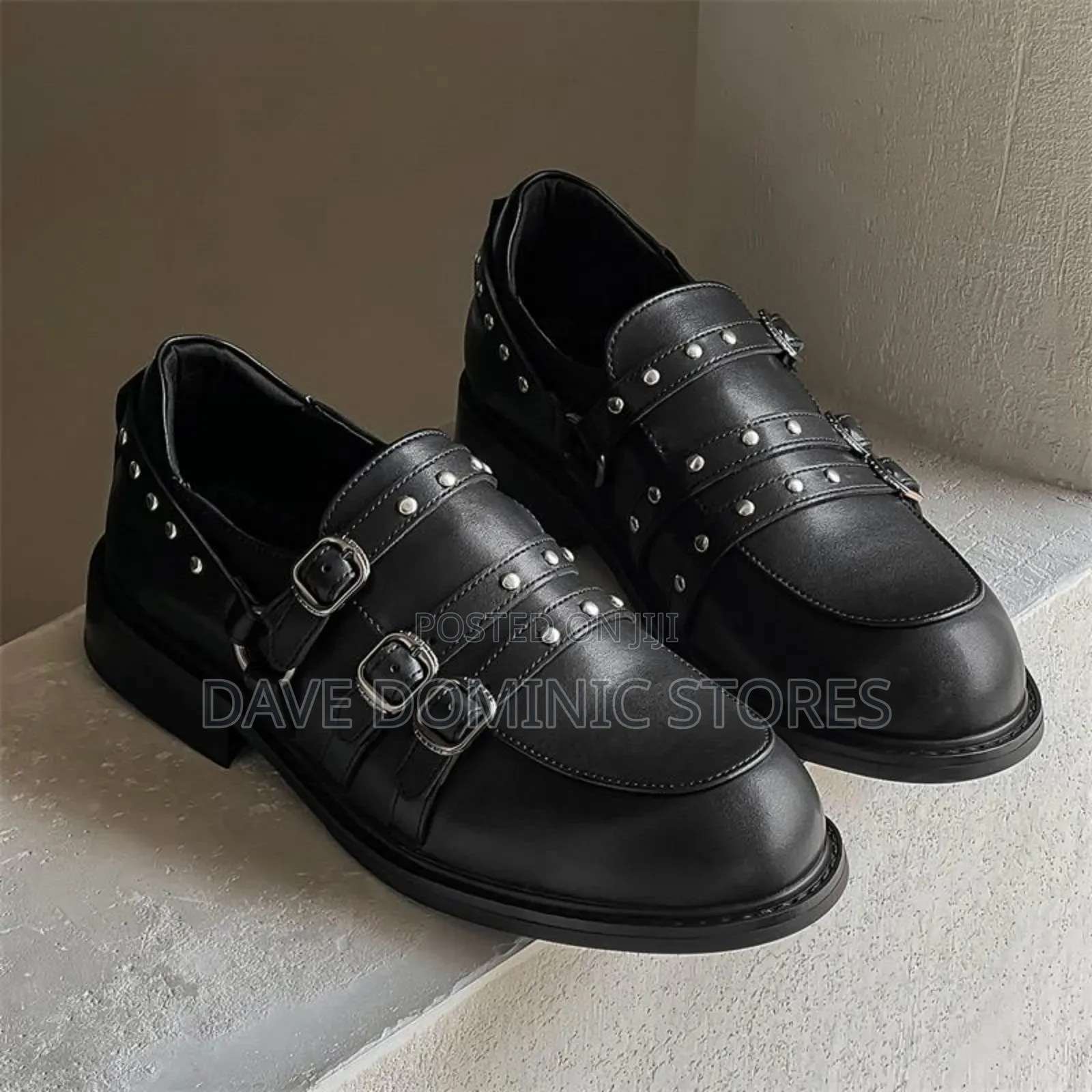 Black Leather Buckle Heeled Loafers