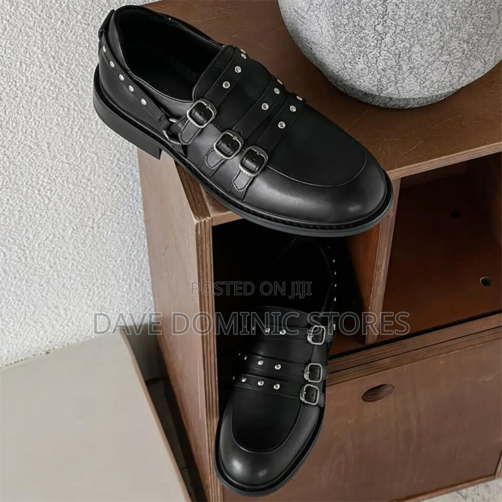 Black Leather Buckle Heeled Loafers