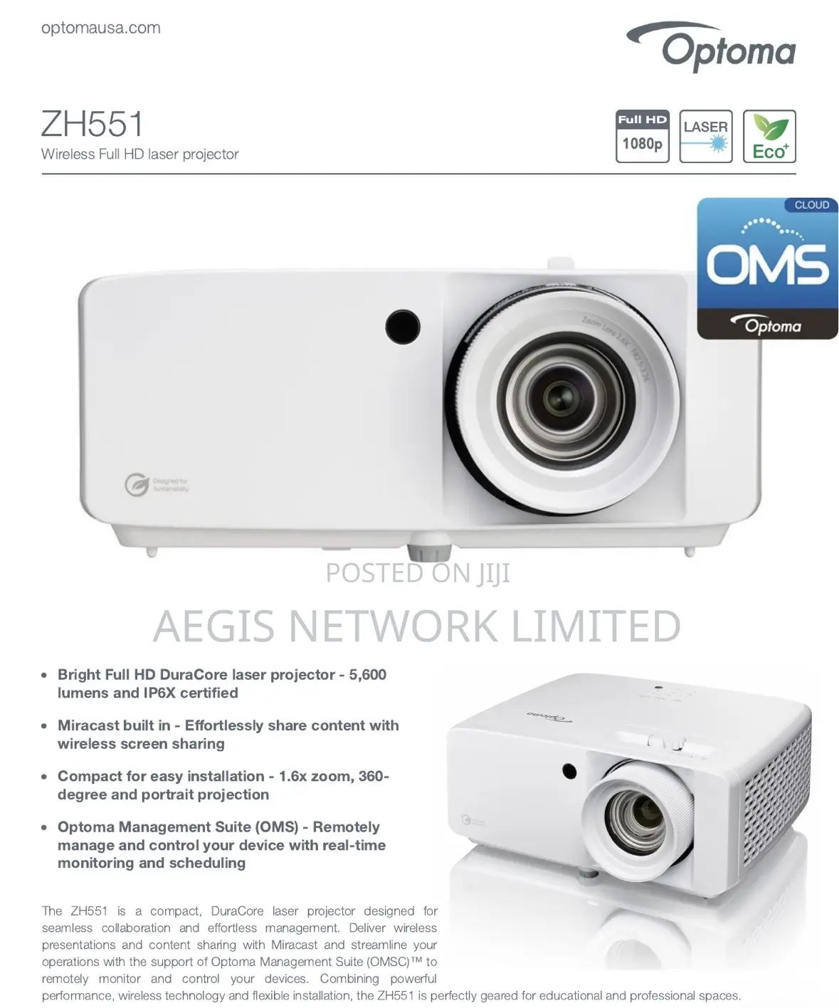 Optoma Zh551 5600 Lumens Projector