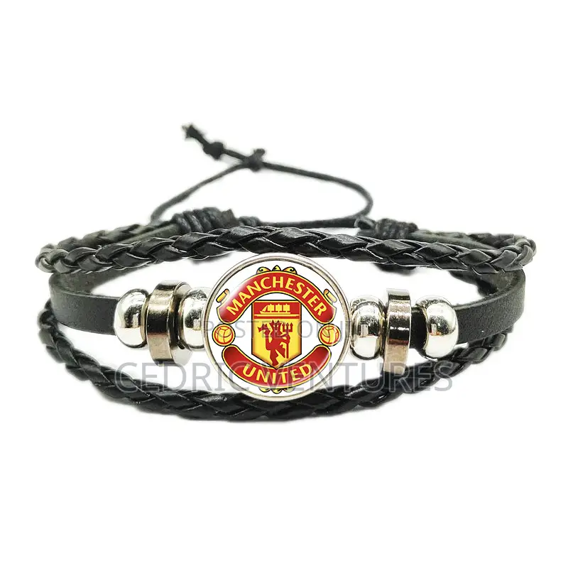 Football Club Logo Time Stone Braided Adjustable Leather Rope Bracelet