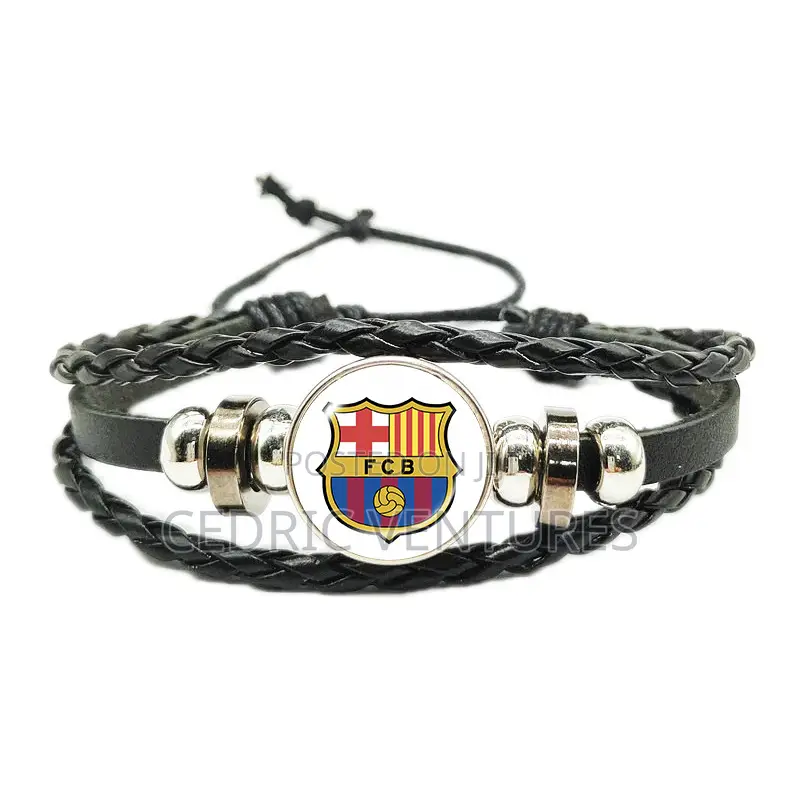 Football Club Logo Time Stone Braided Adjustable Leather Rope Bracelet