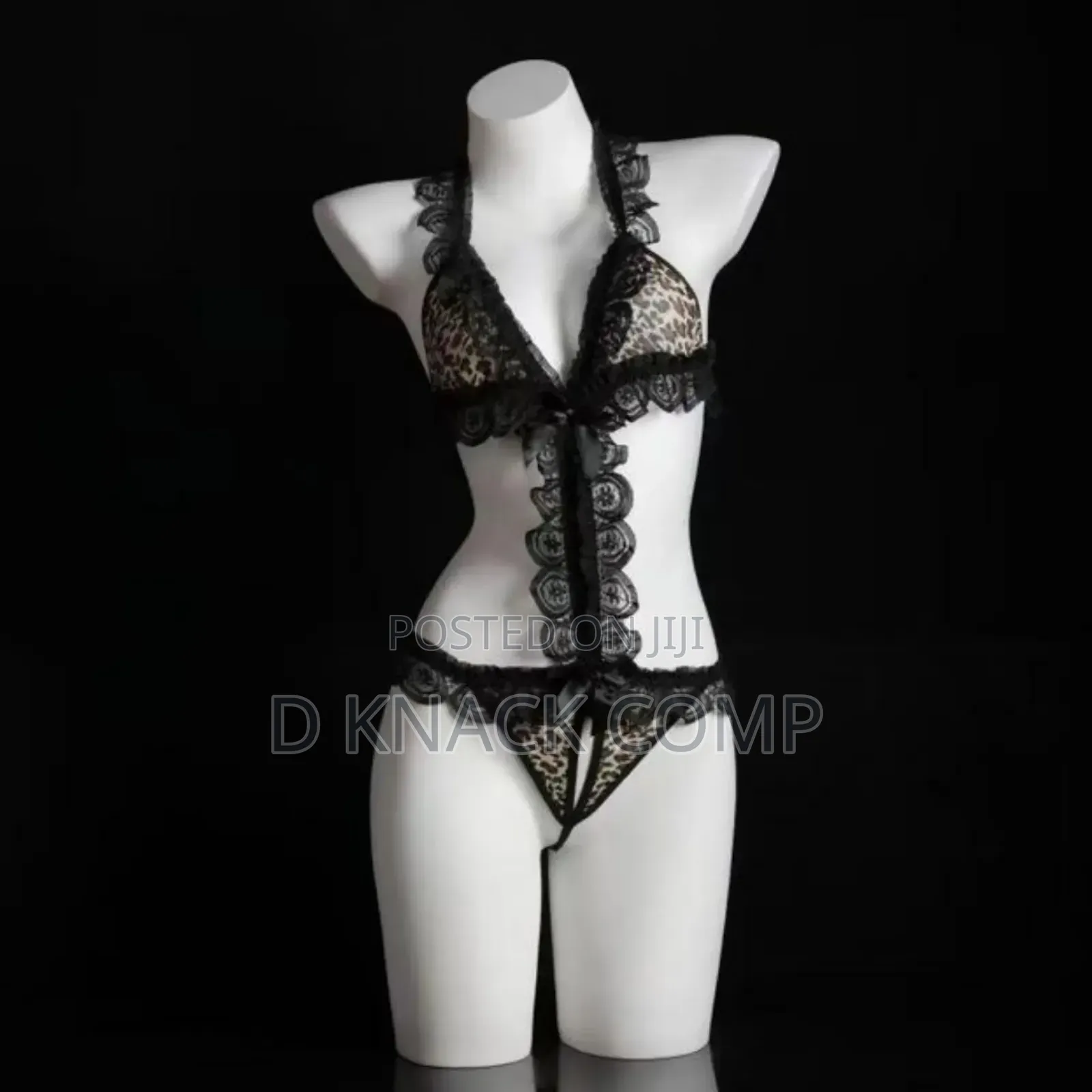 Leopard Print Jumpsuit Lace Lingerie Pajama Set - Black