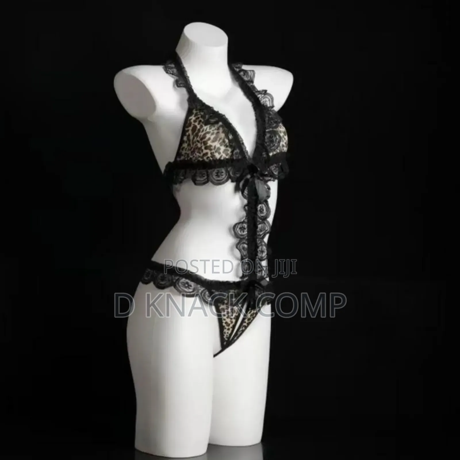 Leopard Print Jumpsuit Lace Lingerie Pajama Set - Black