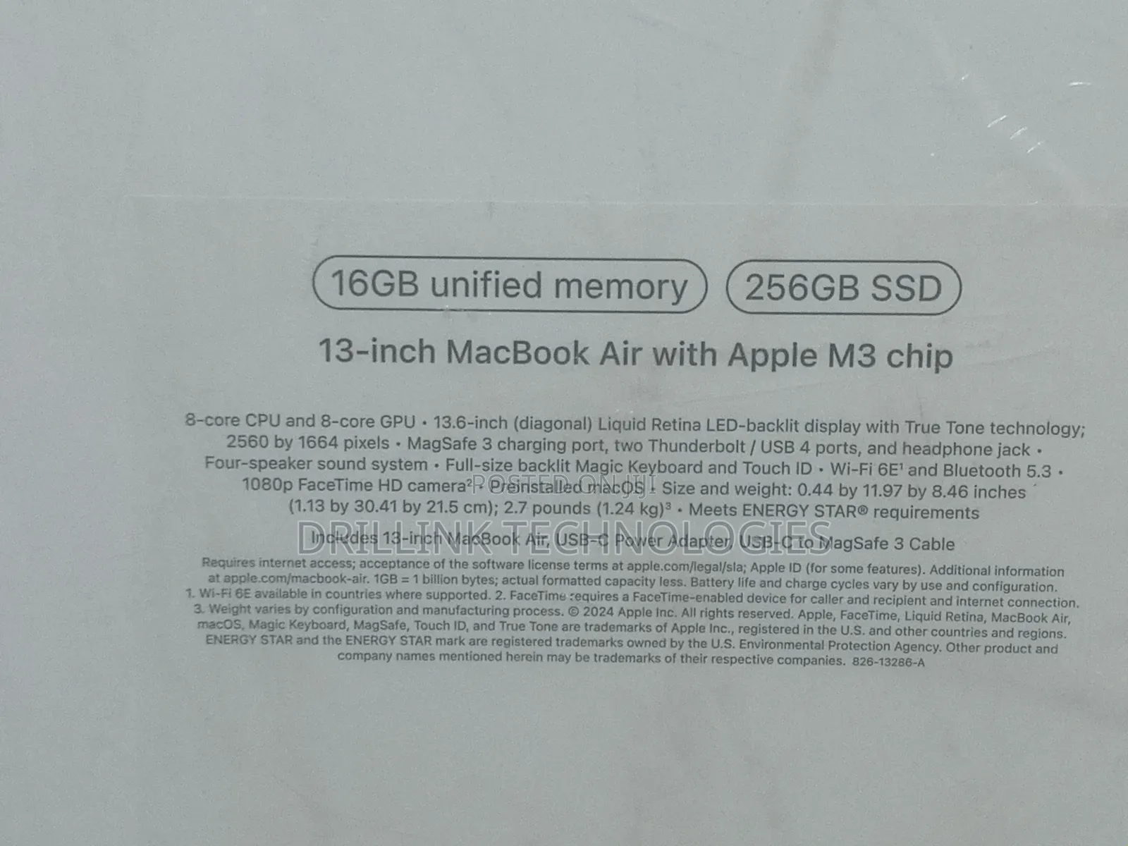 New Laptop Apple MacBook Air 2024 M3 13-inch 16GB Apple M3 SSD 256GB