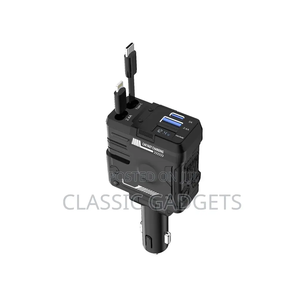 Porodo 66w Car Charger With Retractable Lightning Type-C Cable