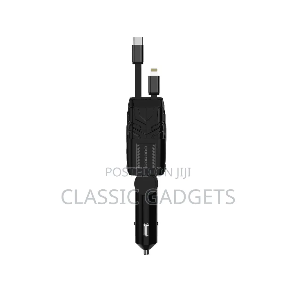 Porodo 66w Car Charger With Retractable Lightning Type-C Cable