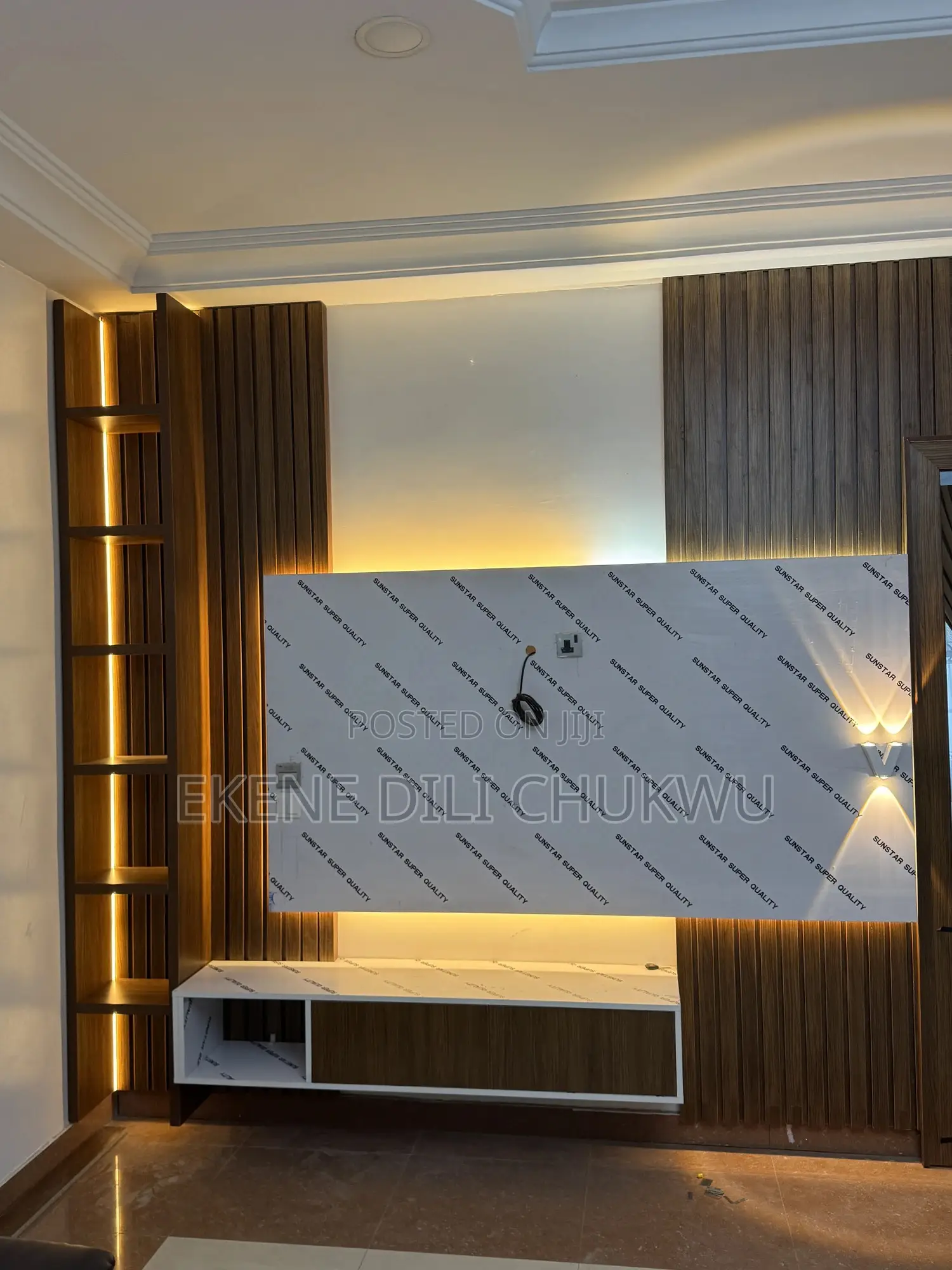 “Luxury Tv Wall Unit With Egger Wood Finish and Wooden Strip Design”