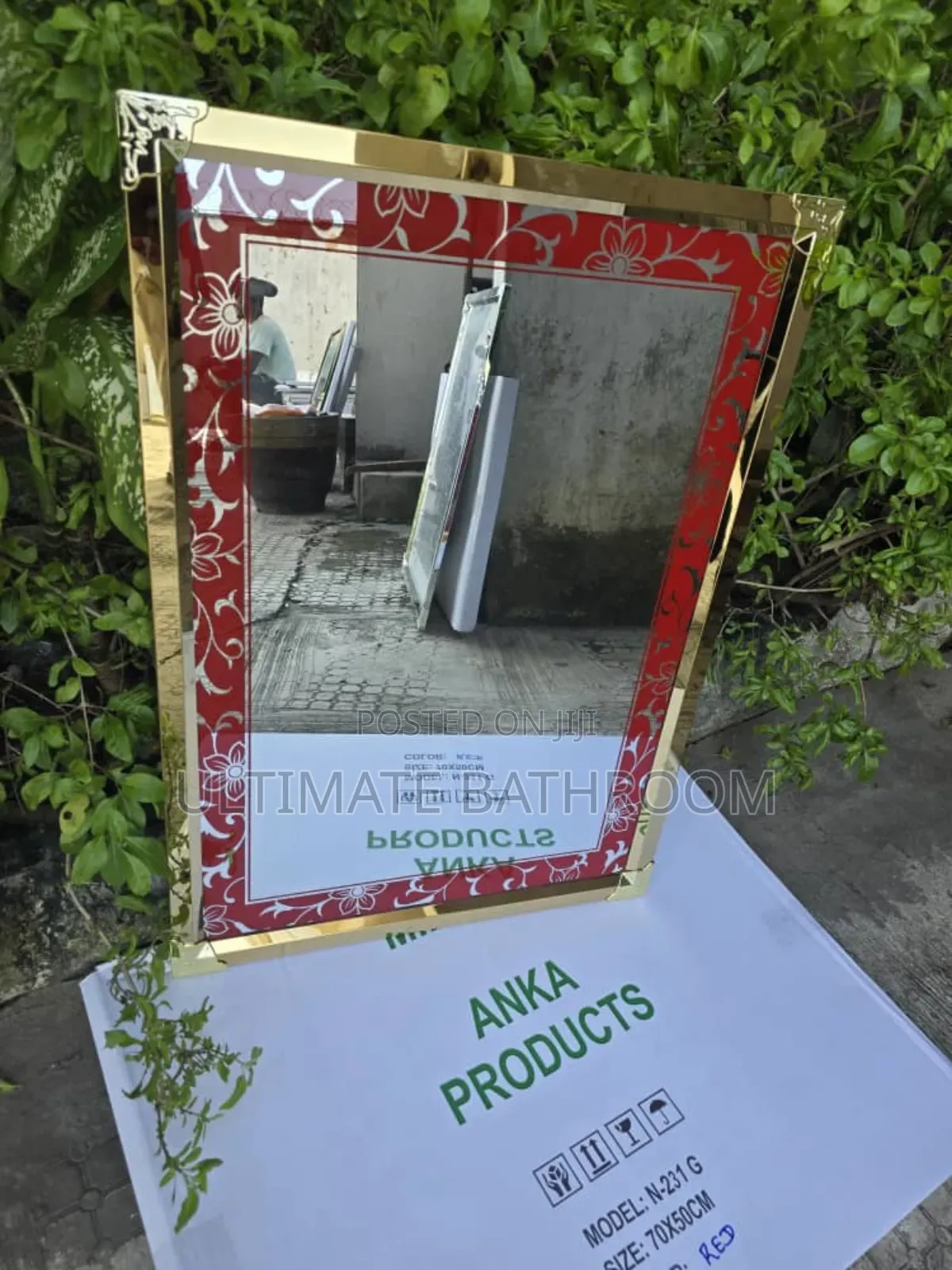 70x50cm Gold Frame Bathroom Mirror With Red Design