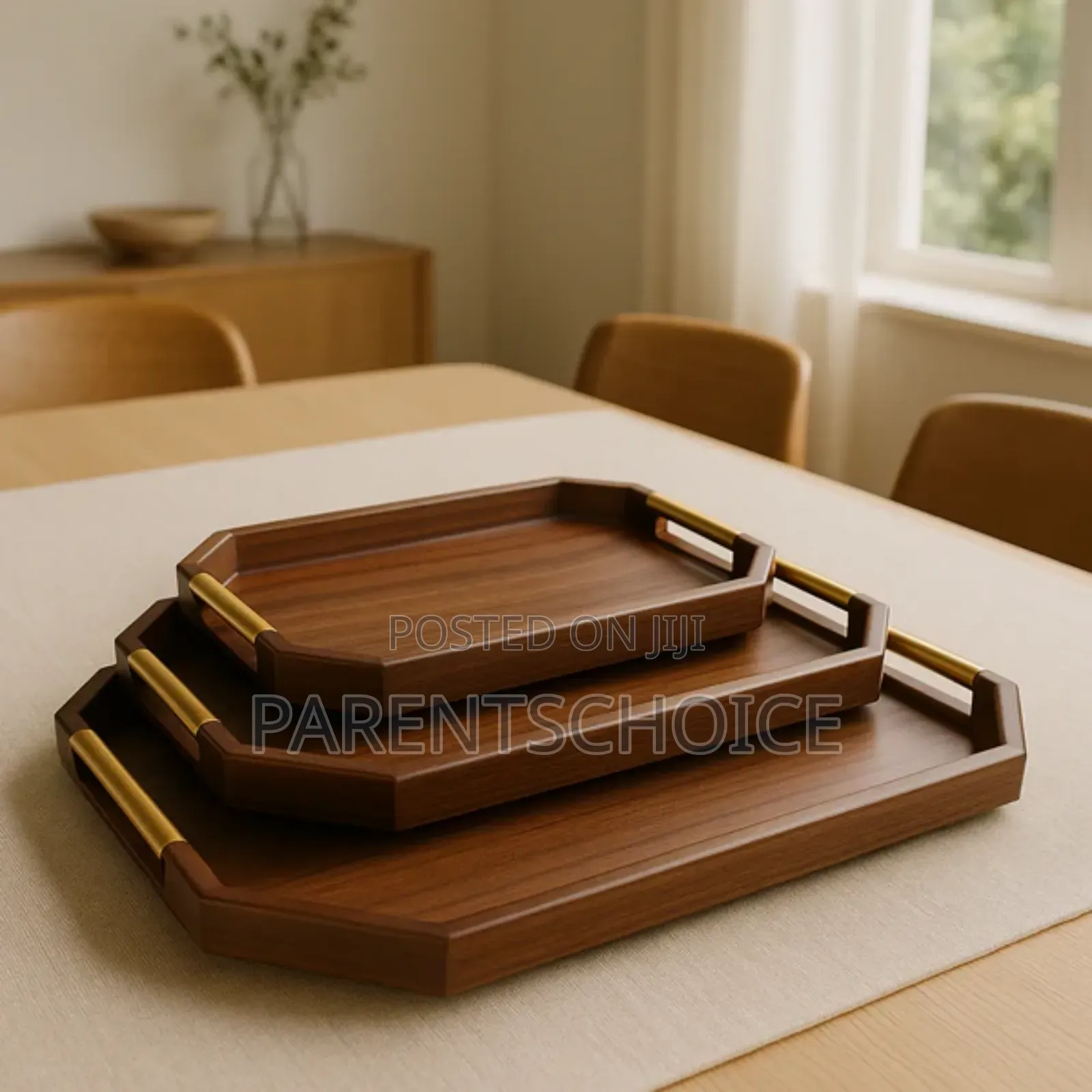 Wooden Serving Tray Set With Gold Handles (3-Piece)