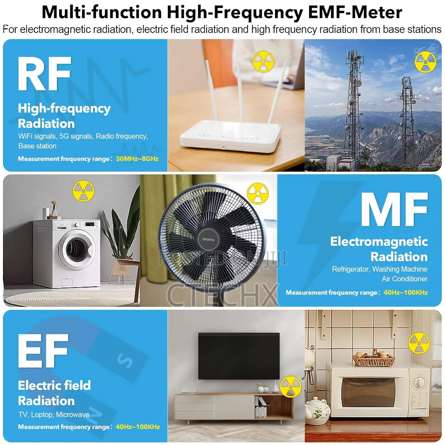 Emf Detector Mestek 5 In1 Ef/Mf/Rf Test Electric/Magnetic/High Freq. .