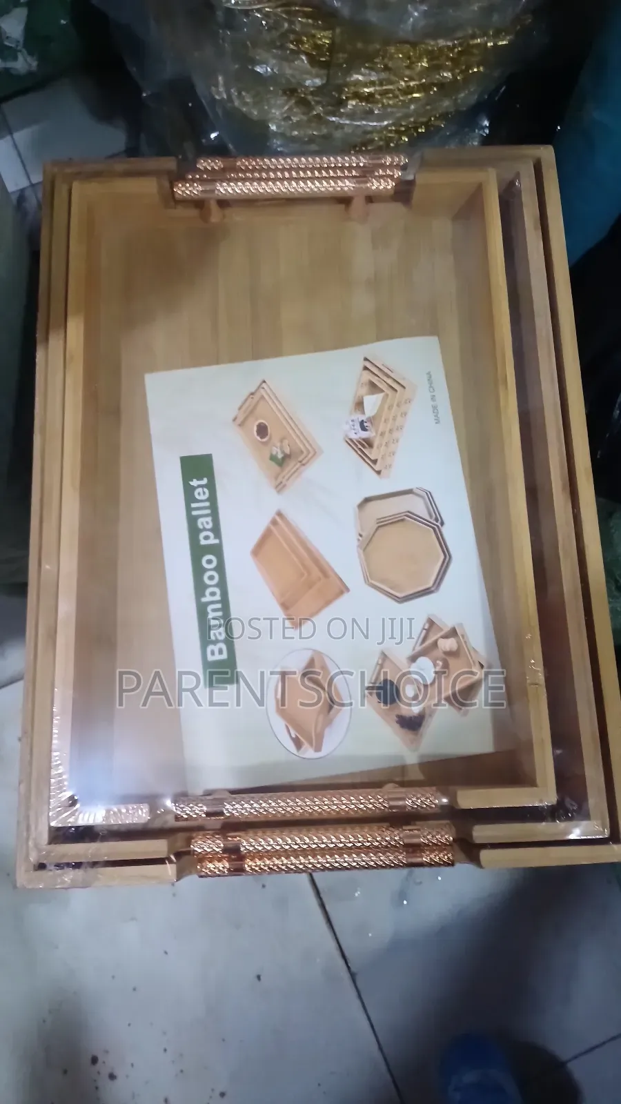 3 in 1 Natural Bamboo Wooden Serving Tray-Gold/Silver Handle