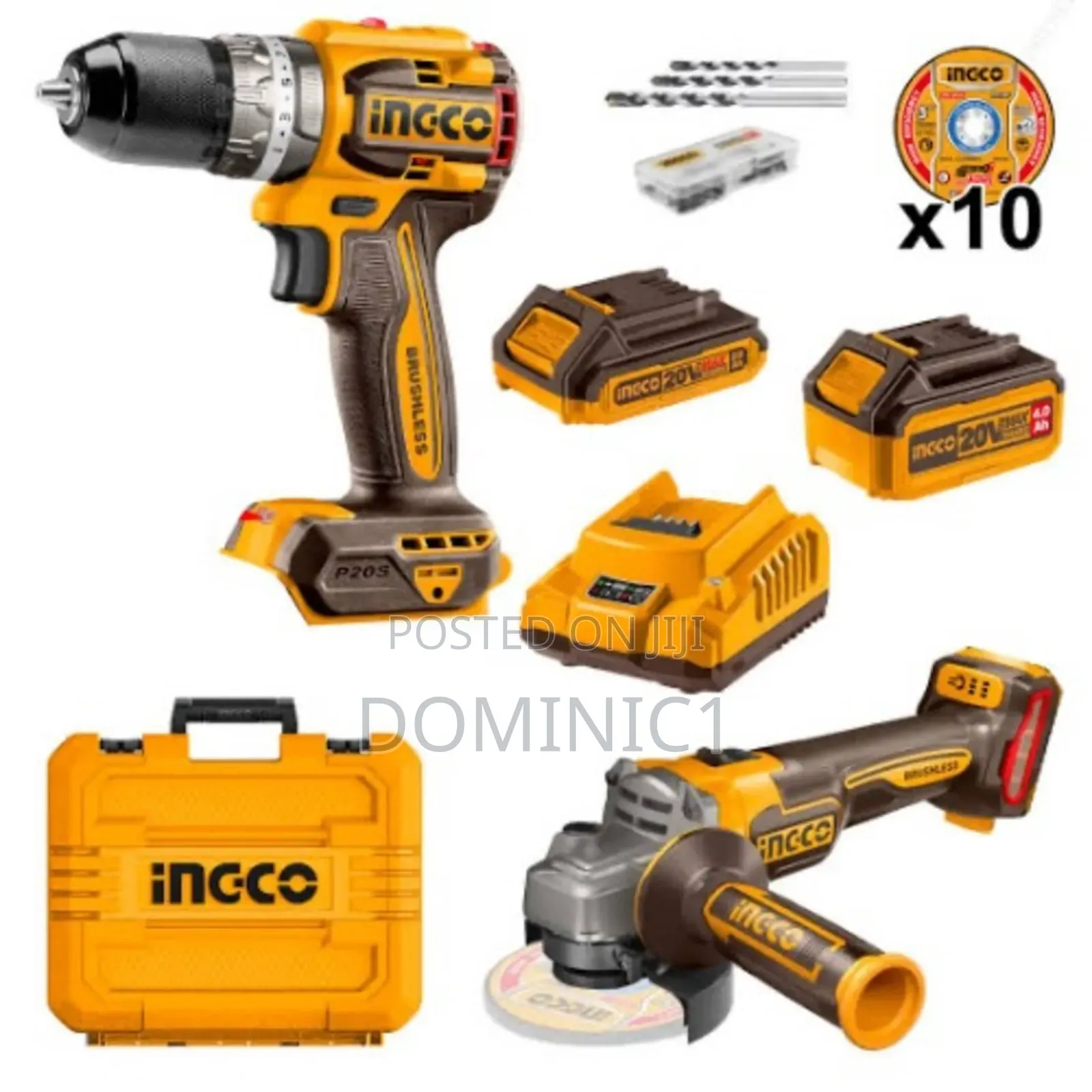 ,Ingco 20v Lithium-ion Cordless Angle Grinder And Drill Combo Kit