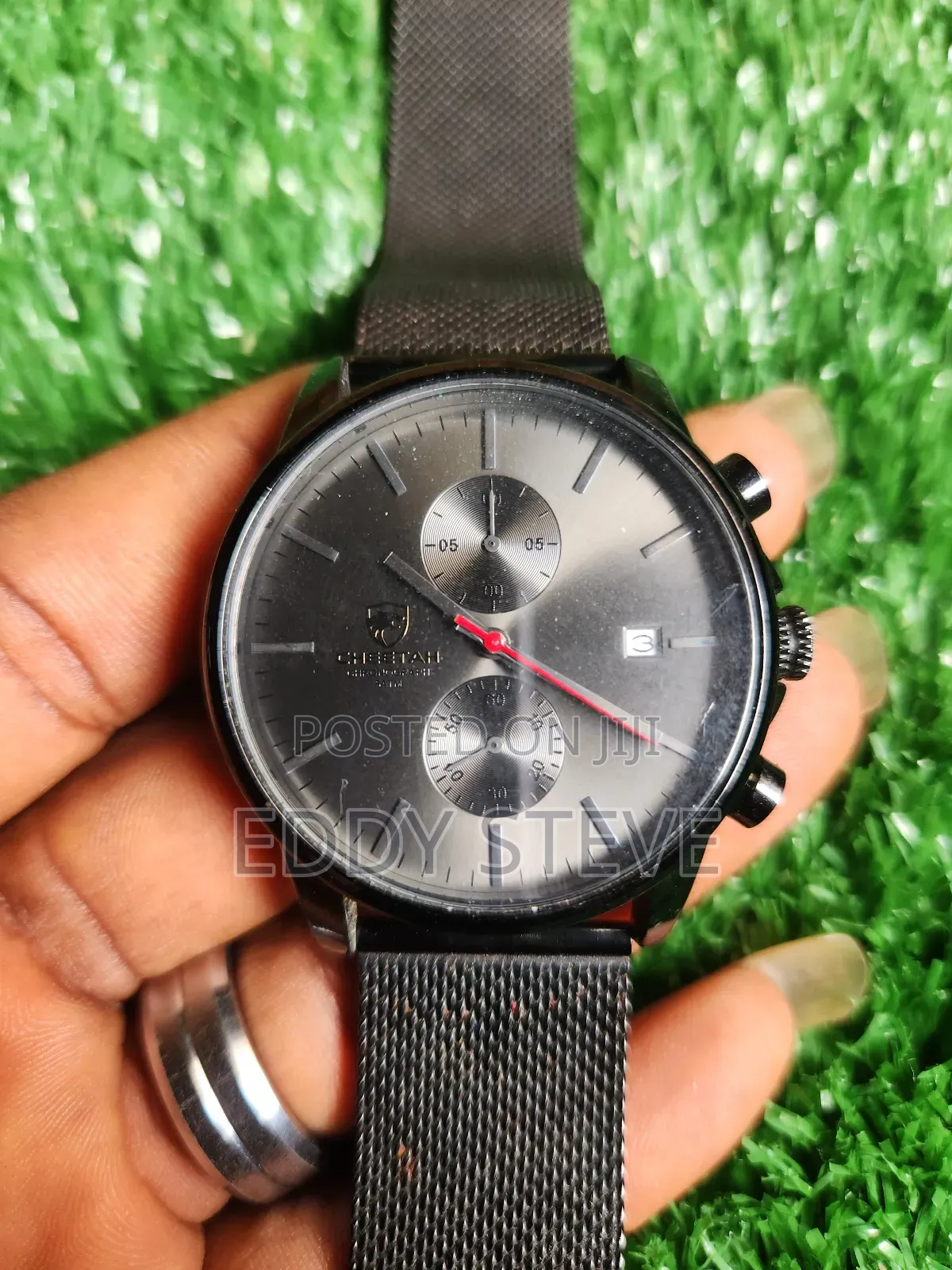 Cheetah Chronograph Watch Mens Black Stainless Steel Mesh