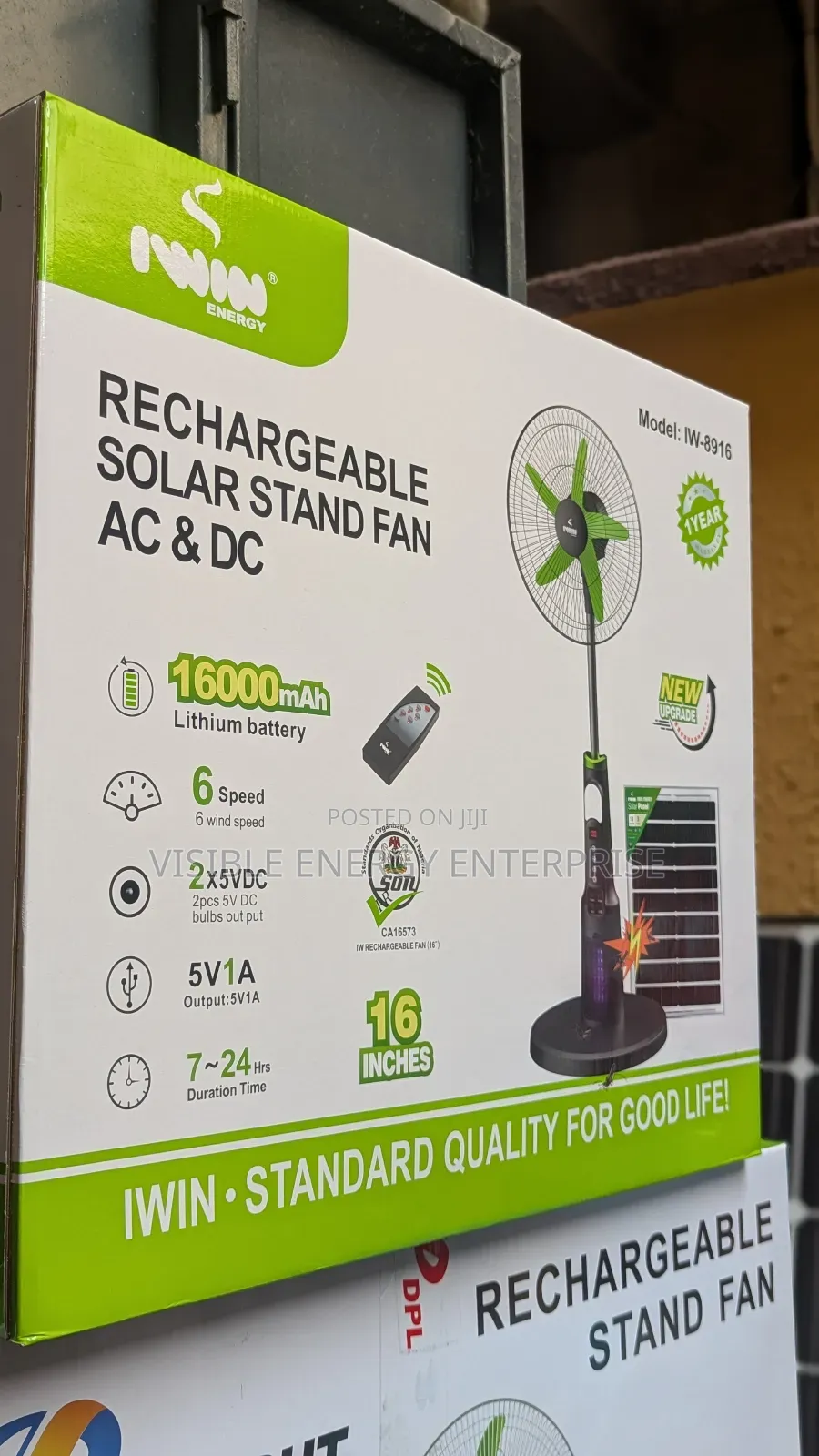 Iwin Rechargeable Solar Stand Fan (Model: Iw-8916).