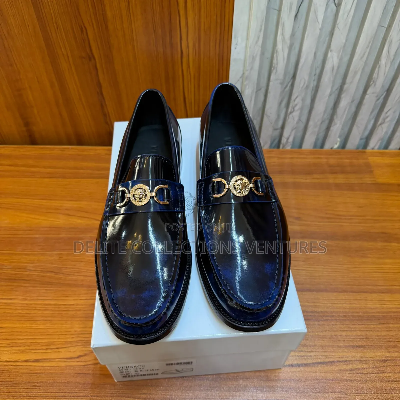 Versace Medusa '95 Leather Loafers in Glossy Midnight Blue.