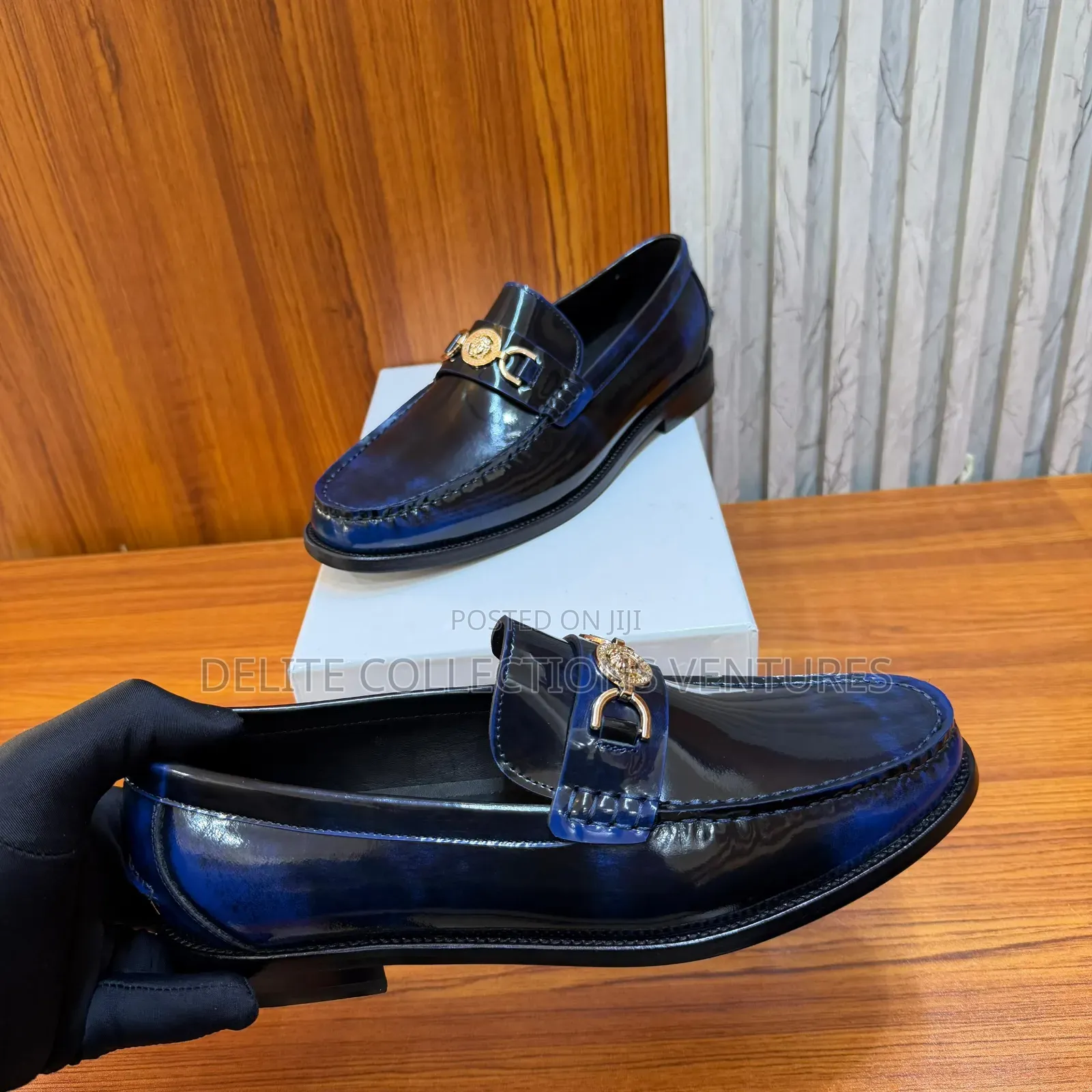 Versace Medusa '95 Leather Loafers in Glossy Midnight Blue.