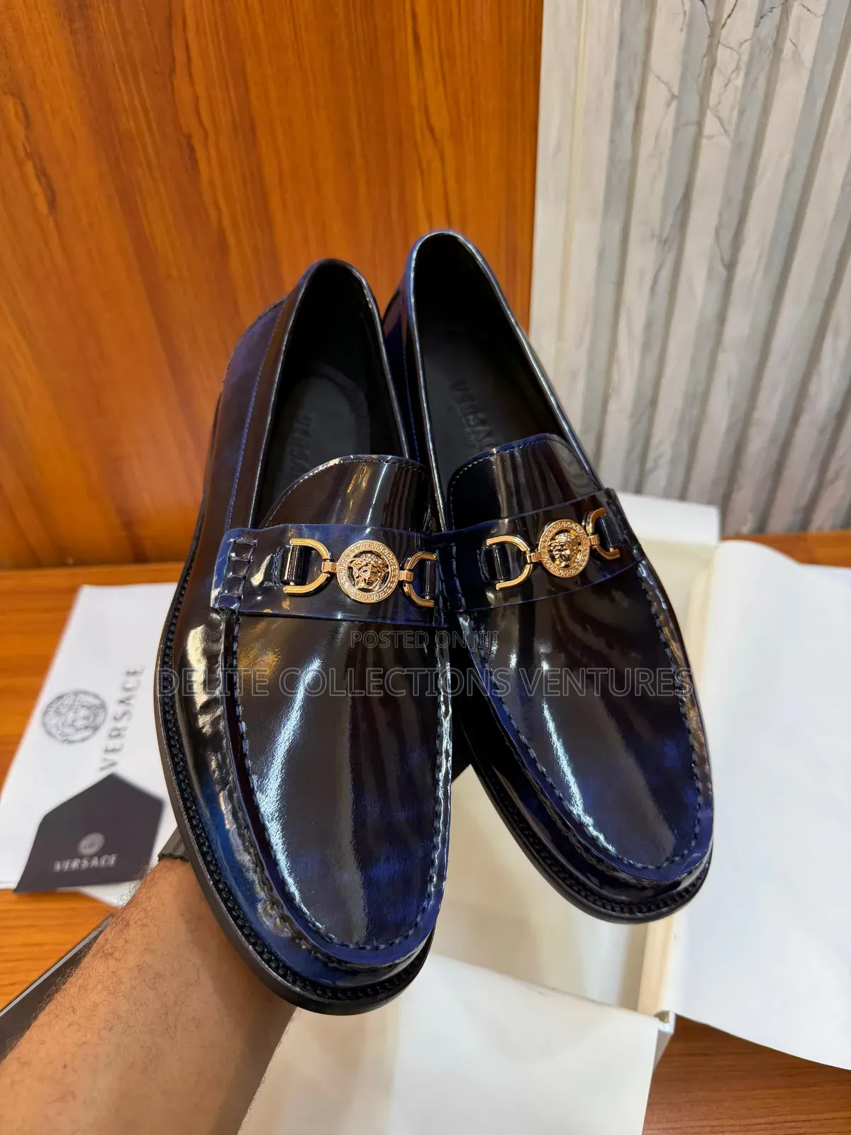 Versace Medusa '95 Leather Loafers in Glossy Midnight Blue.