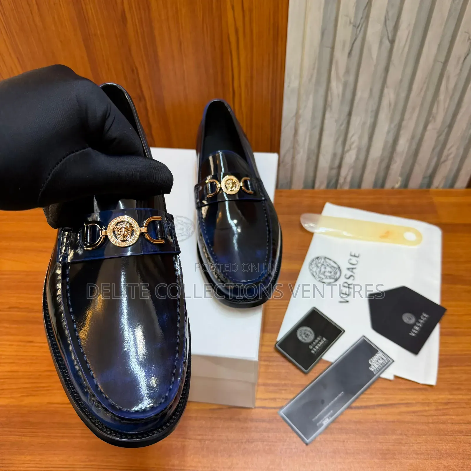 Versace Medusa '95 Leather Loafers in Glossy Midnight Blue.