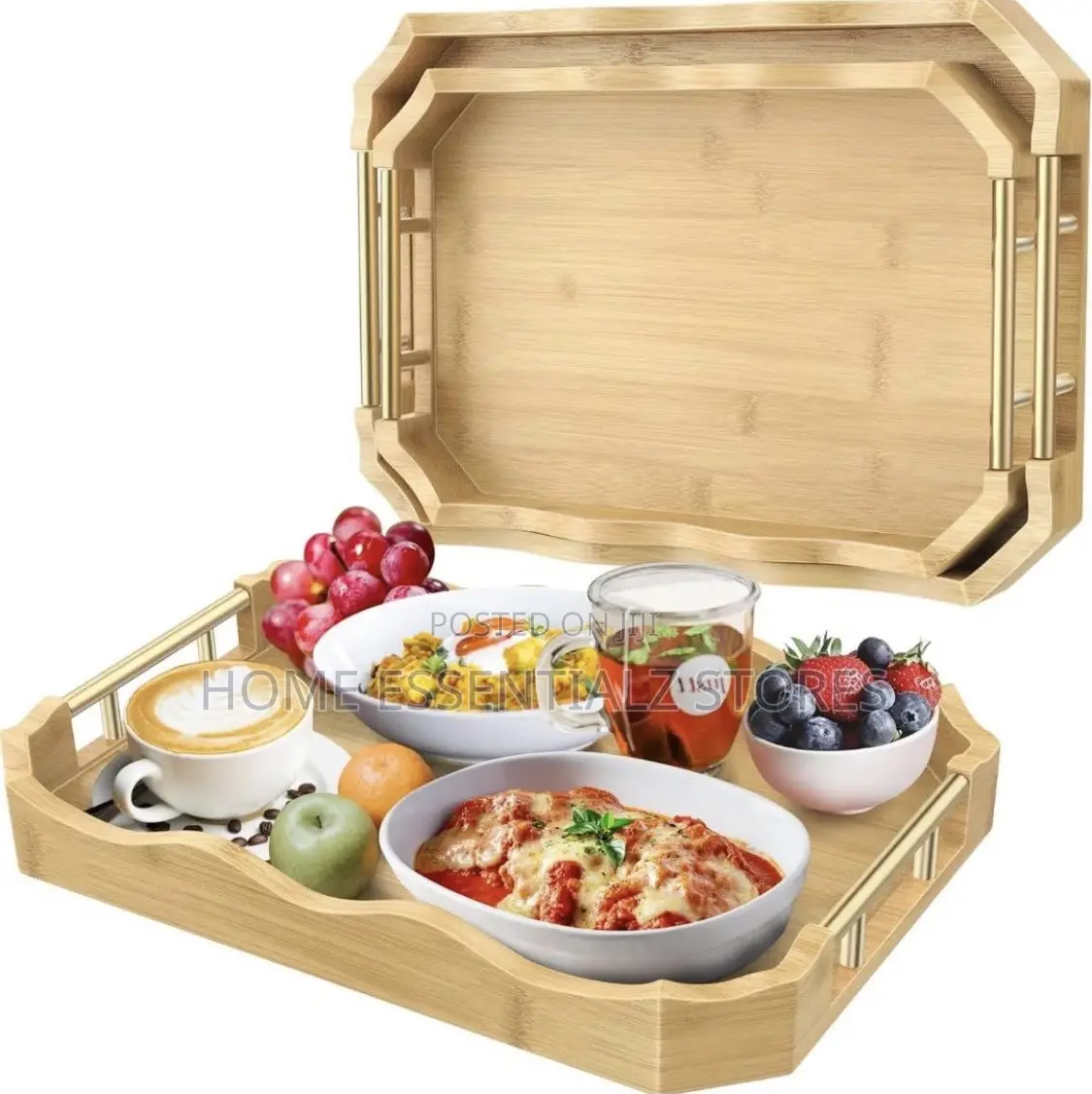 Octagon Bamboo Food Serving Tray Set - 3 in 1 Trays