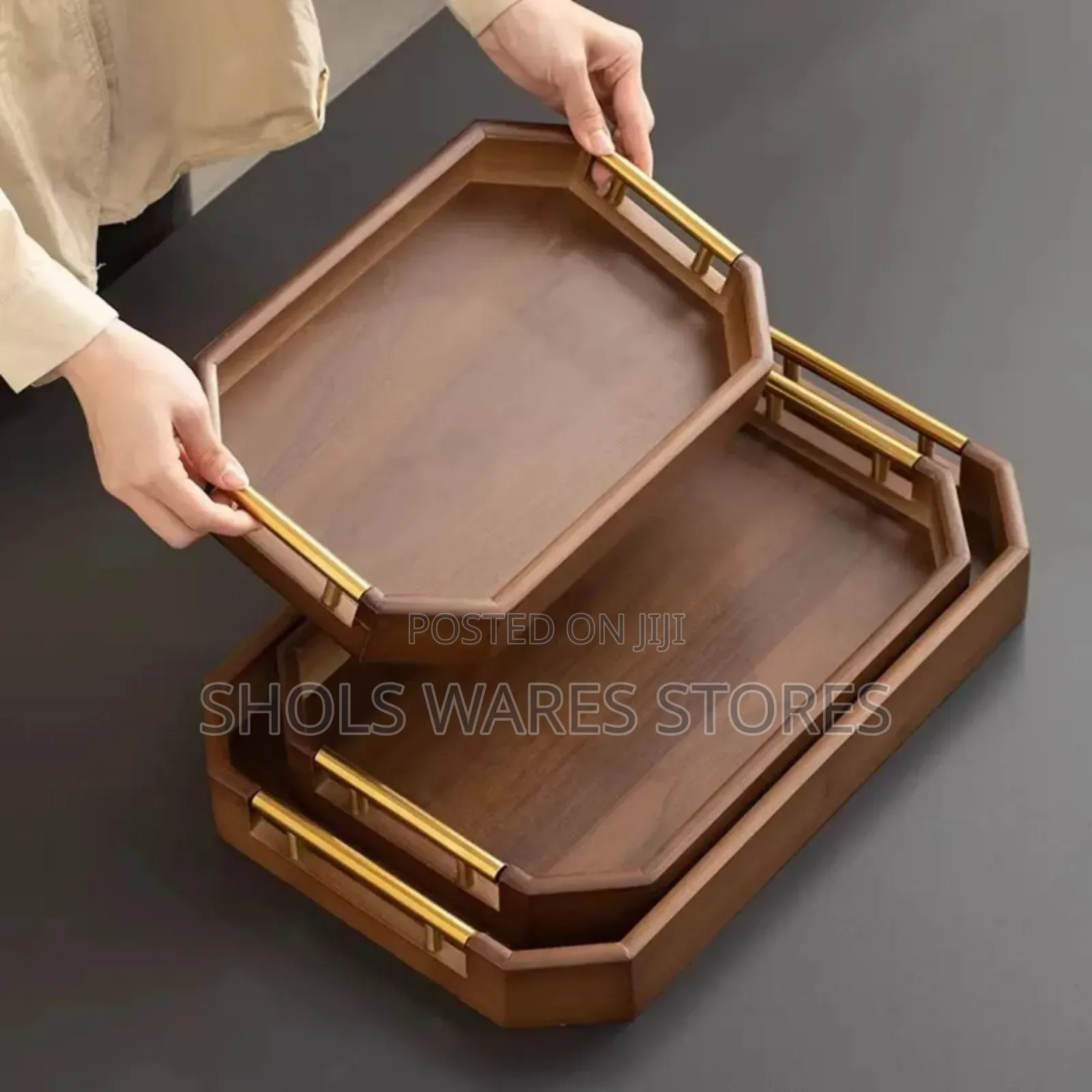 Quality 3in1 Bamboo Wood Tray Set With a Metal Gold Handle