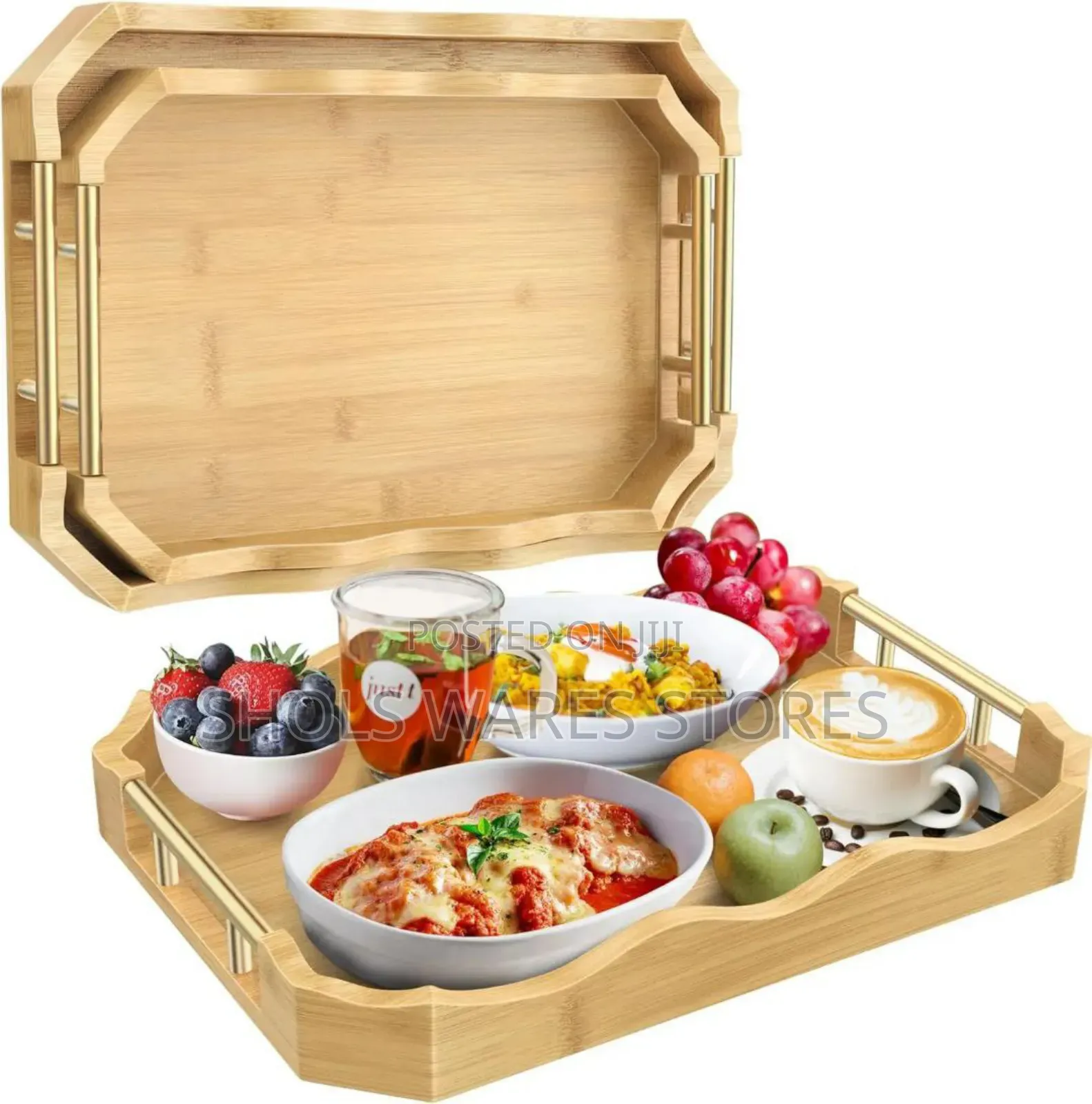 Quality 3in1 Bamboo Wood Tray Set With a Metal Gold Handle