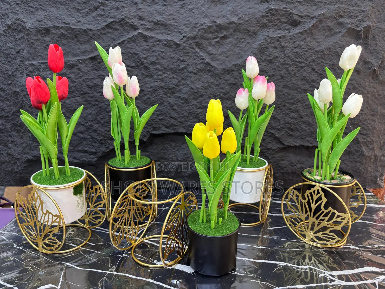 Luxury Faux Tulips Flower in a Unique Metal Pot