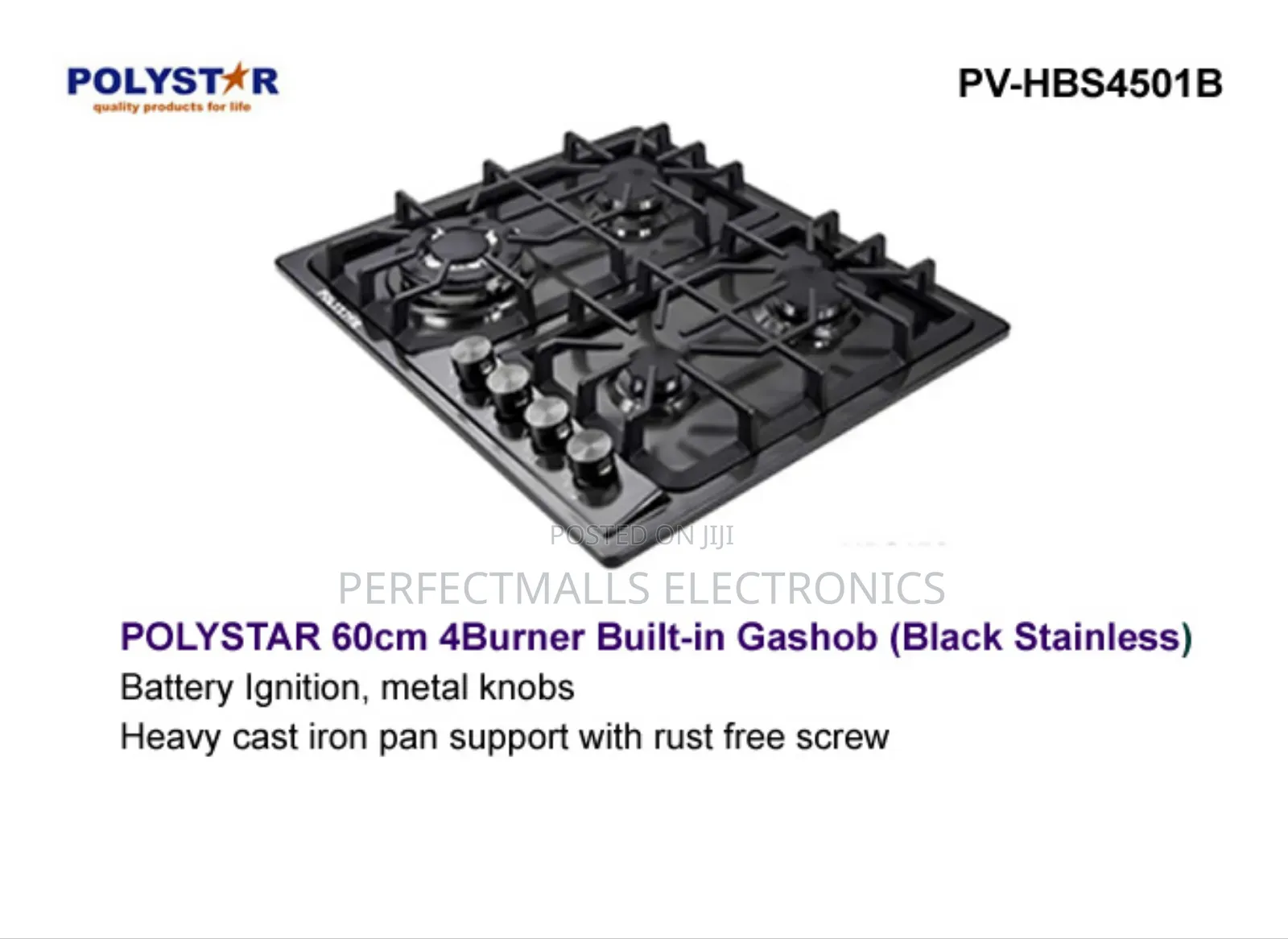 Polystar 60cm 4 Burner Stainless Steel Gas Hob Pv-hbs4501b