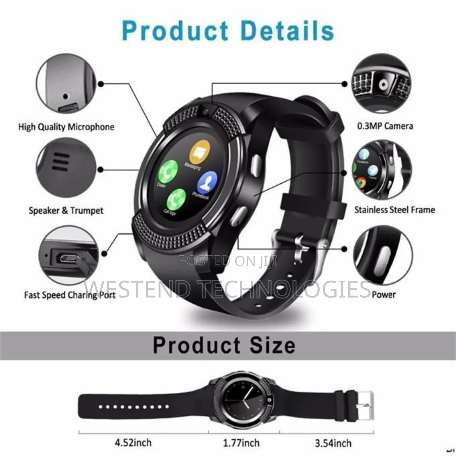 V8 Android Phone Smart Watch With Sim Memory Card Port