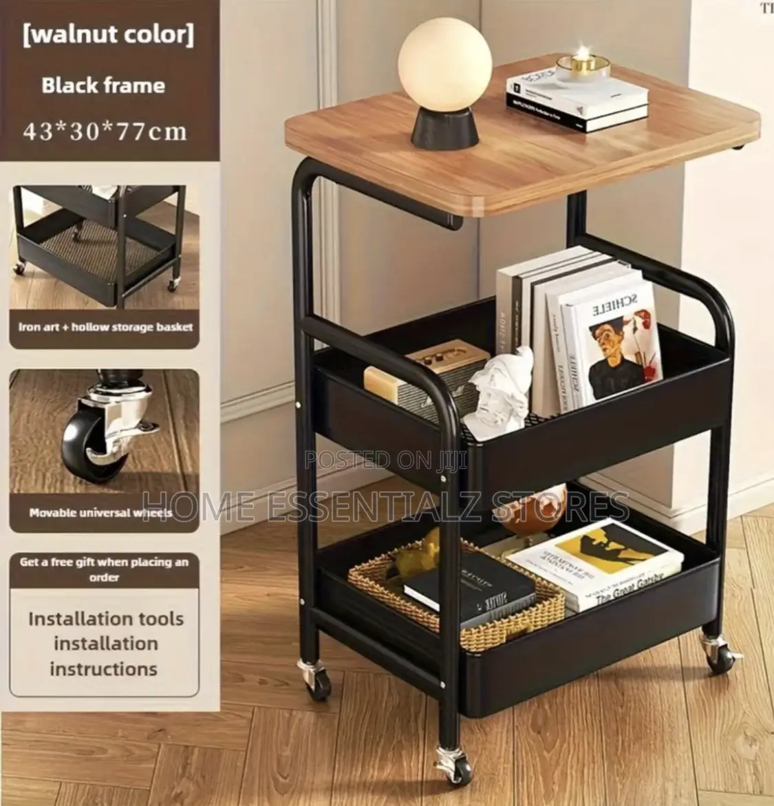 Heavy Duty Rolling Storage Cart Organizer - Side Table With Wood Top