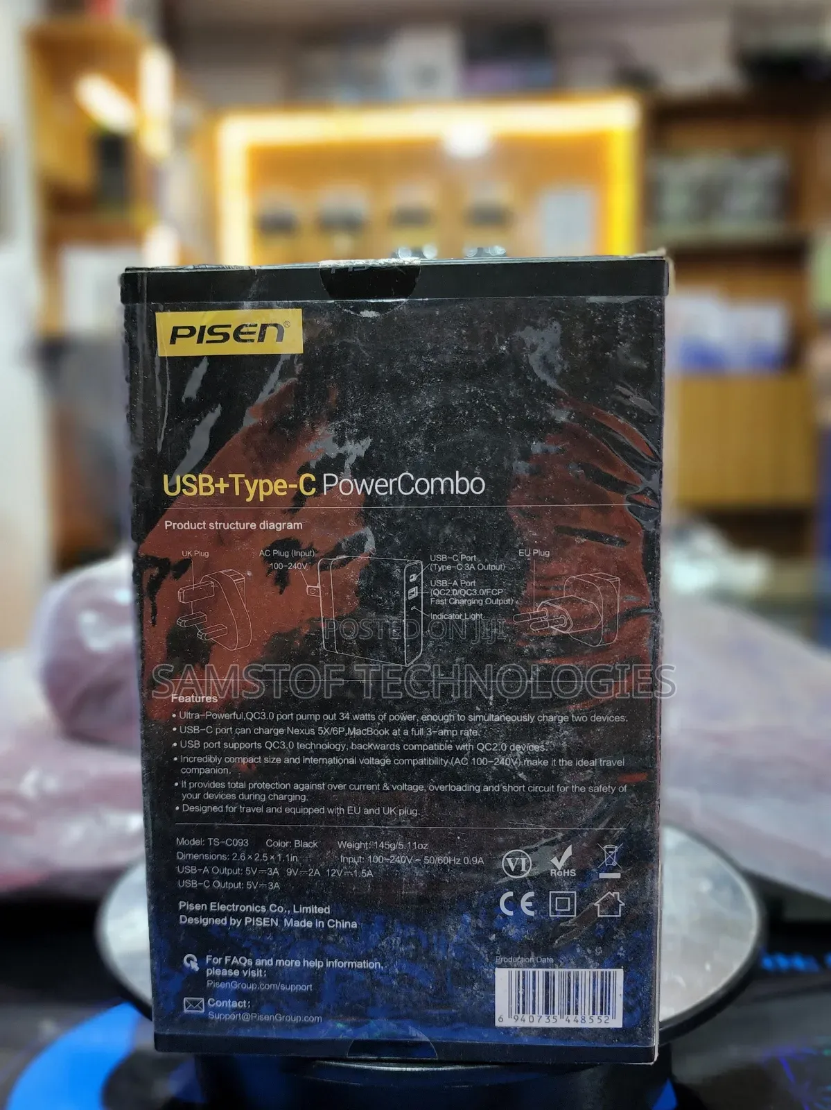 Pisen 34w Type-C Fast Charger With Usb Port
