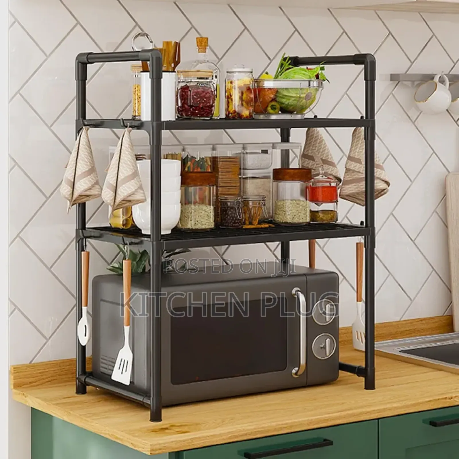 Black Metal Three-tier Microwave Oven Storage Rack.