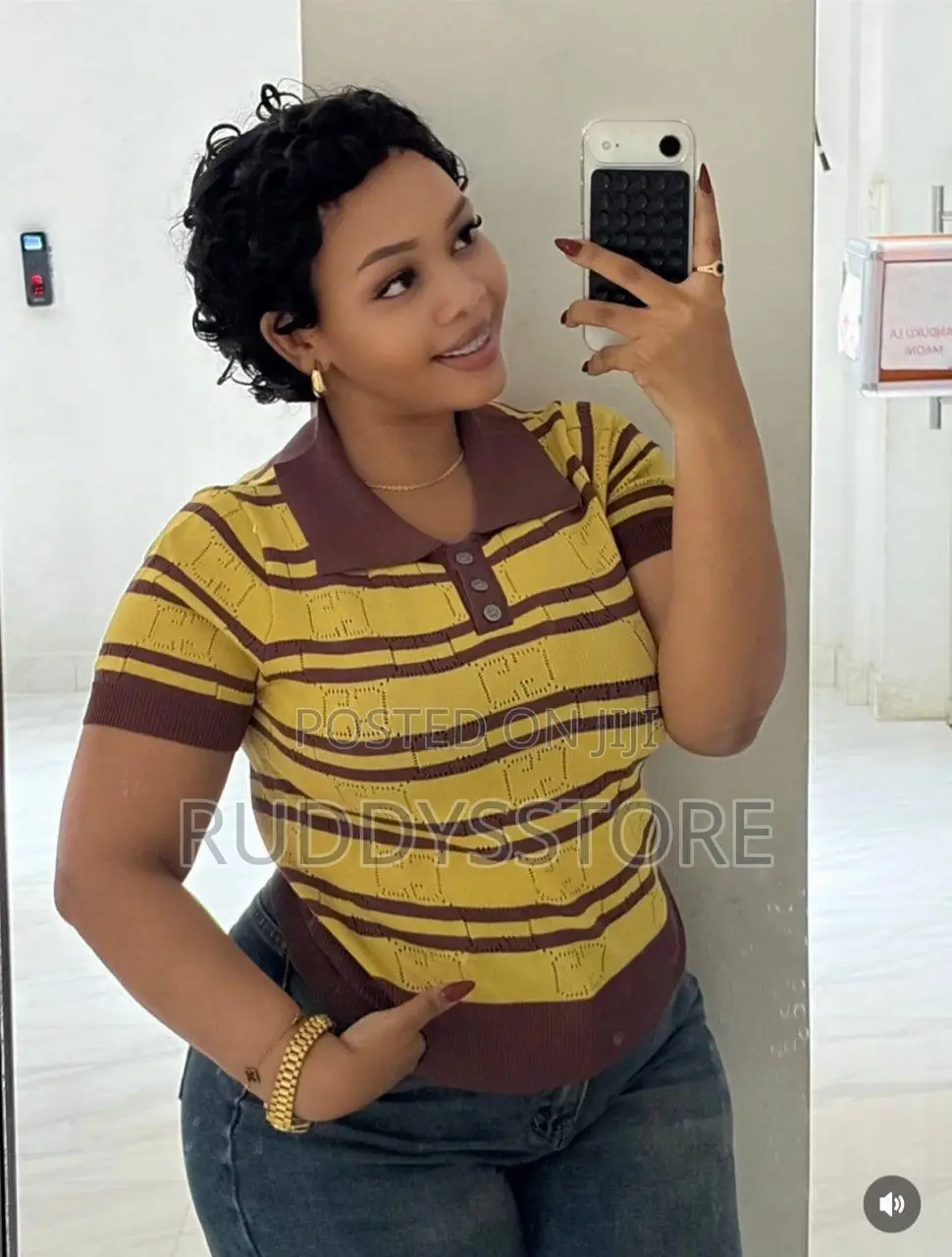 Knitted Stripped Polo Top, Classic Casual Chic