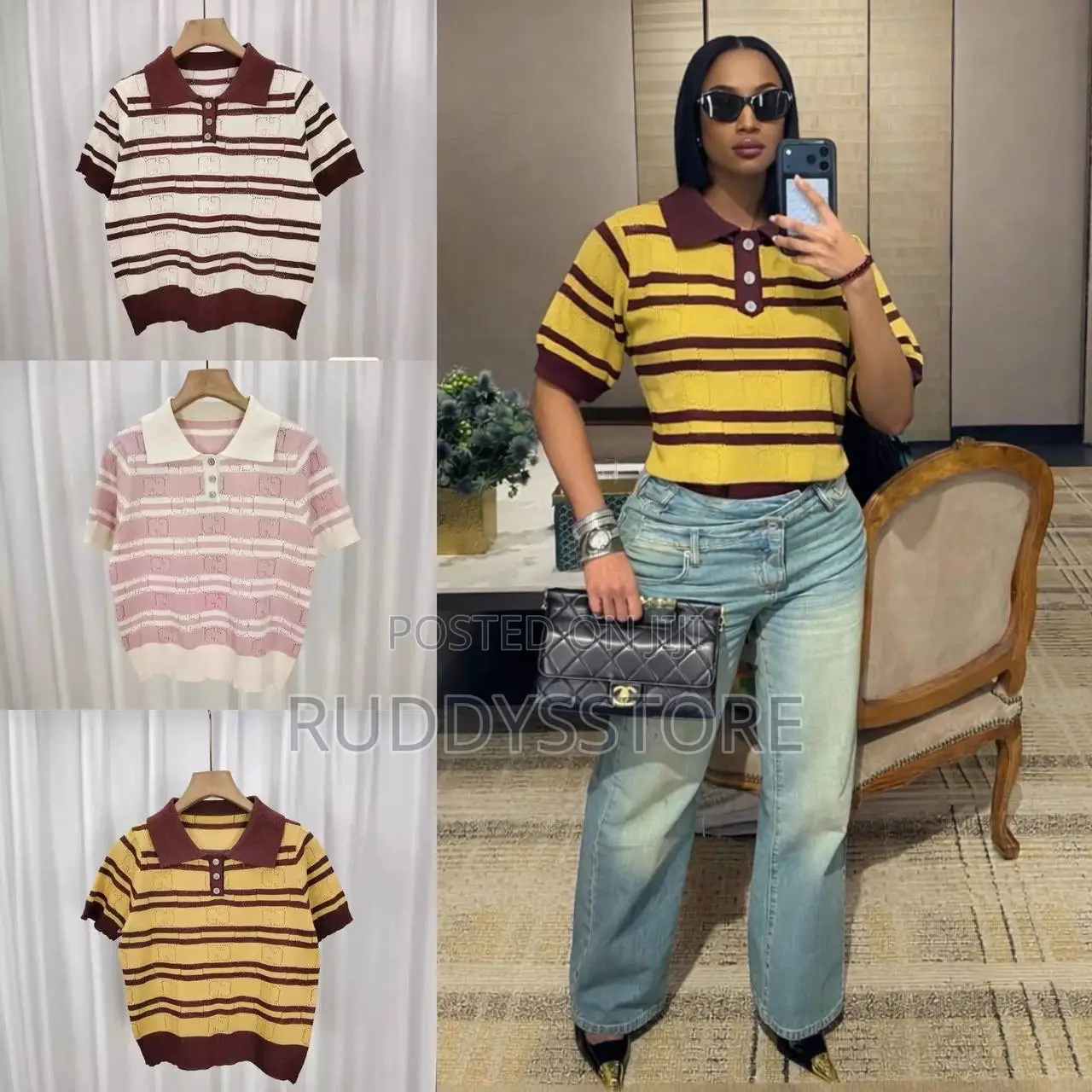Knitted Stripped Polo Top, Classic Casual Chic