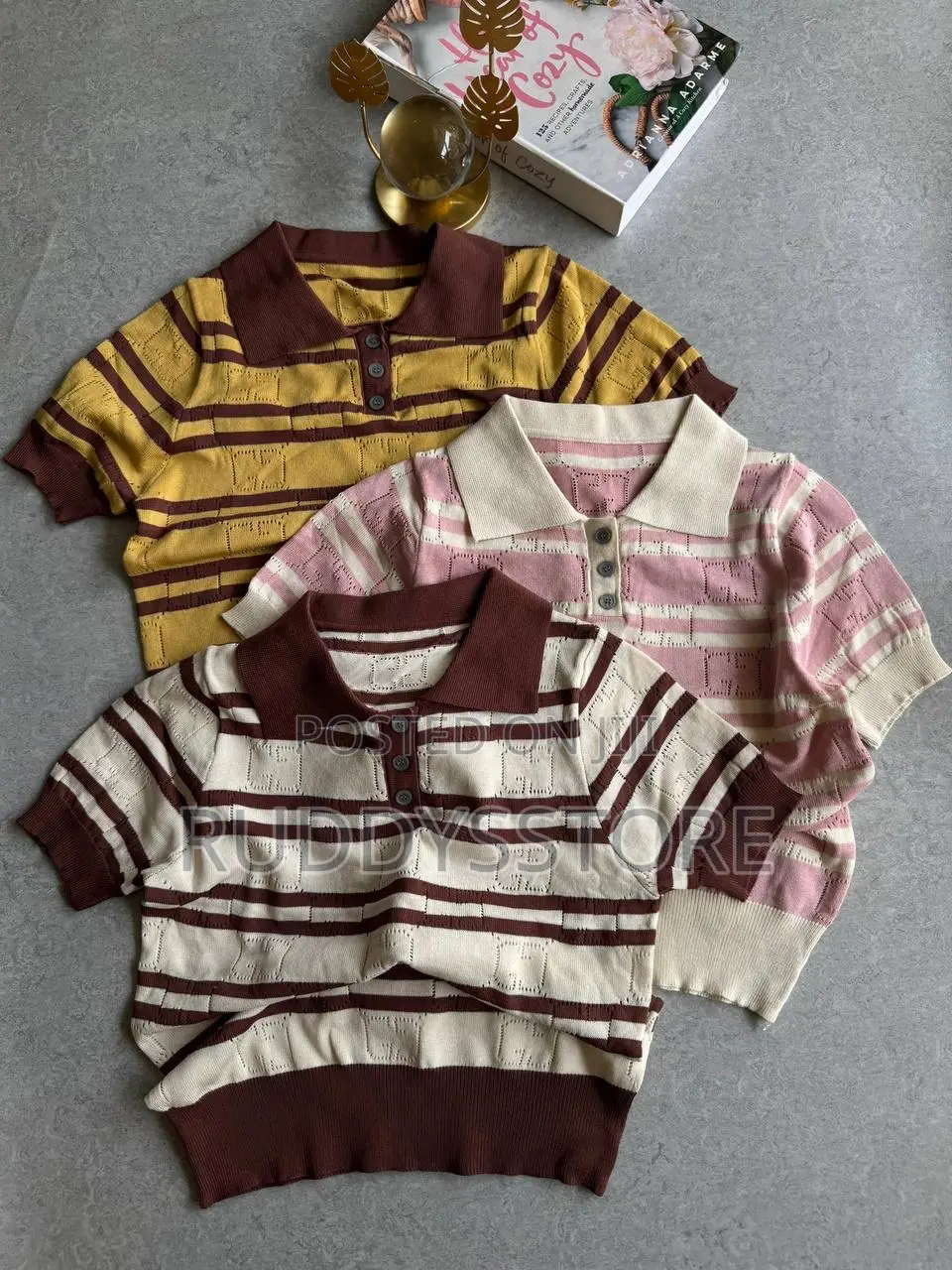 Knitted Stripped Polo Top, Classic Casual Chic