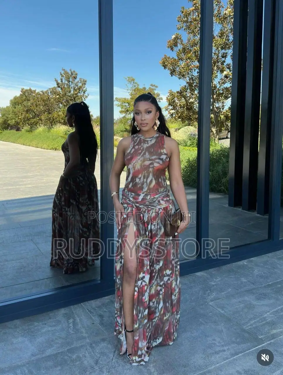 Stylish Patterned Bodysuit High-slit Skirt, Two-piece Set