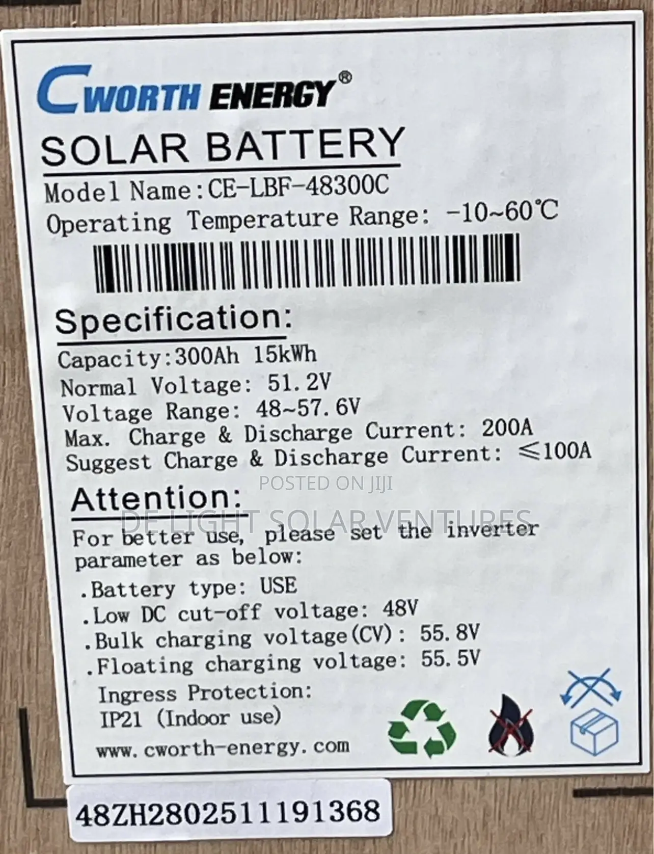 15kwh 51.2v 300ah Cworth Solar Lithium Ion Battery