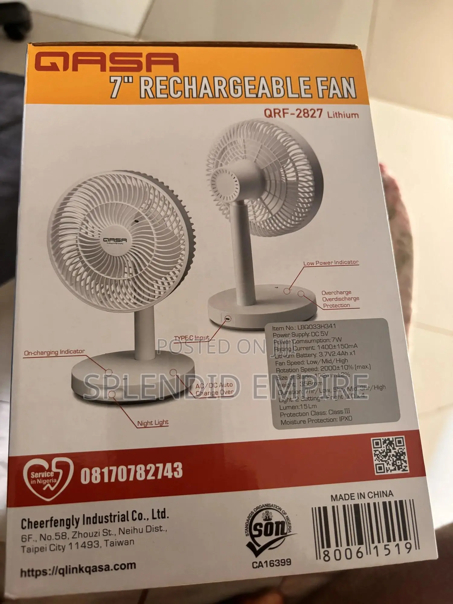 7 Inches Qasa Rechargeable Fan