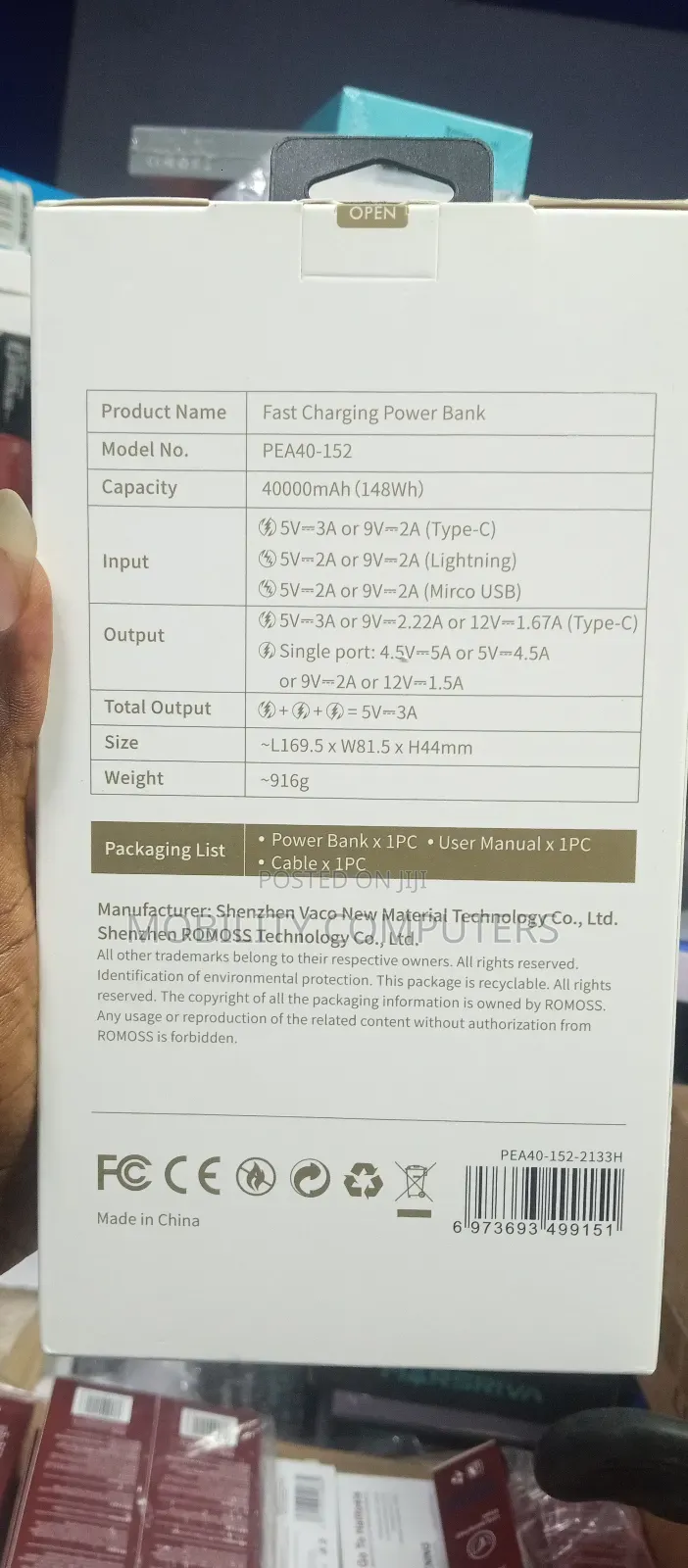 Romoss Power Bank 4000mah, 22.5w