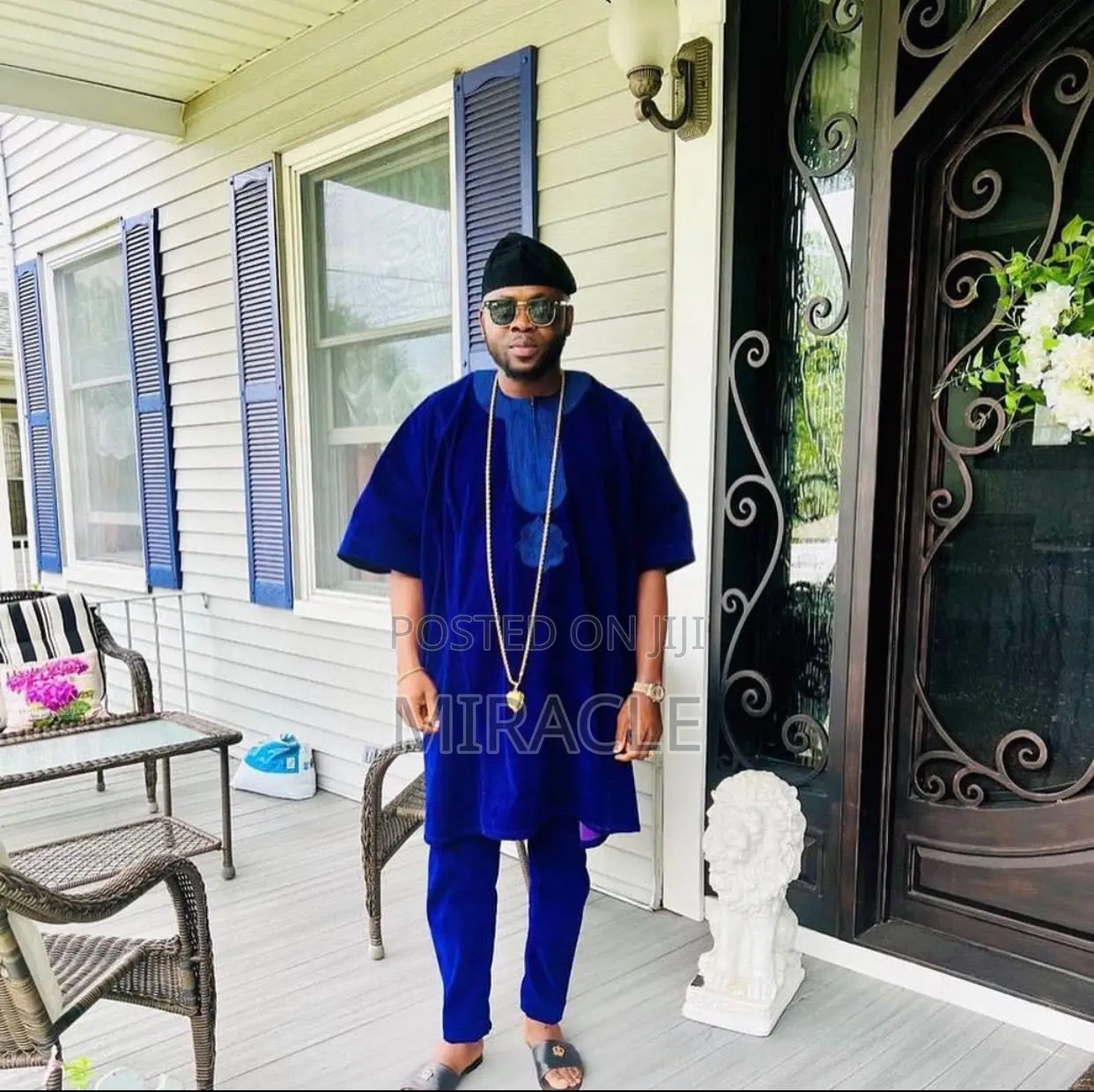 Blue Velvet Danshiki and Trouser With Cap for Men