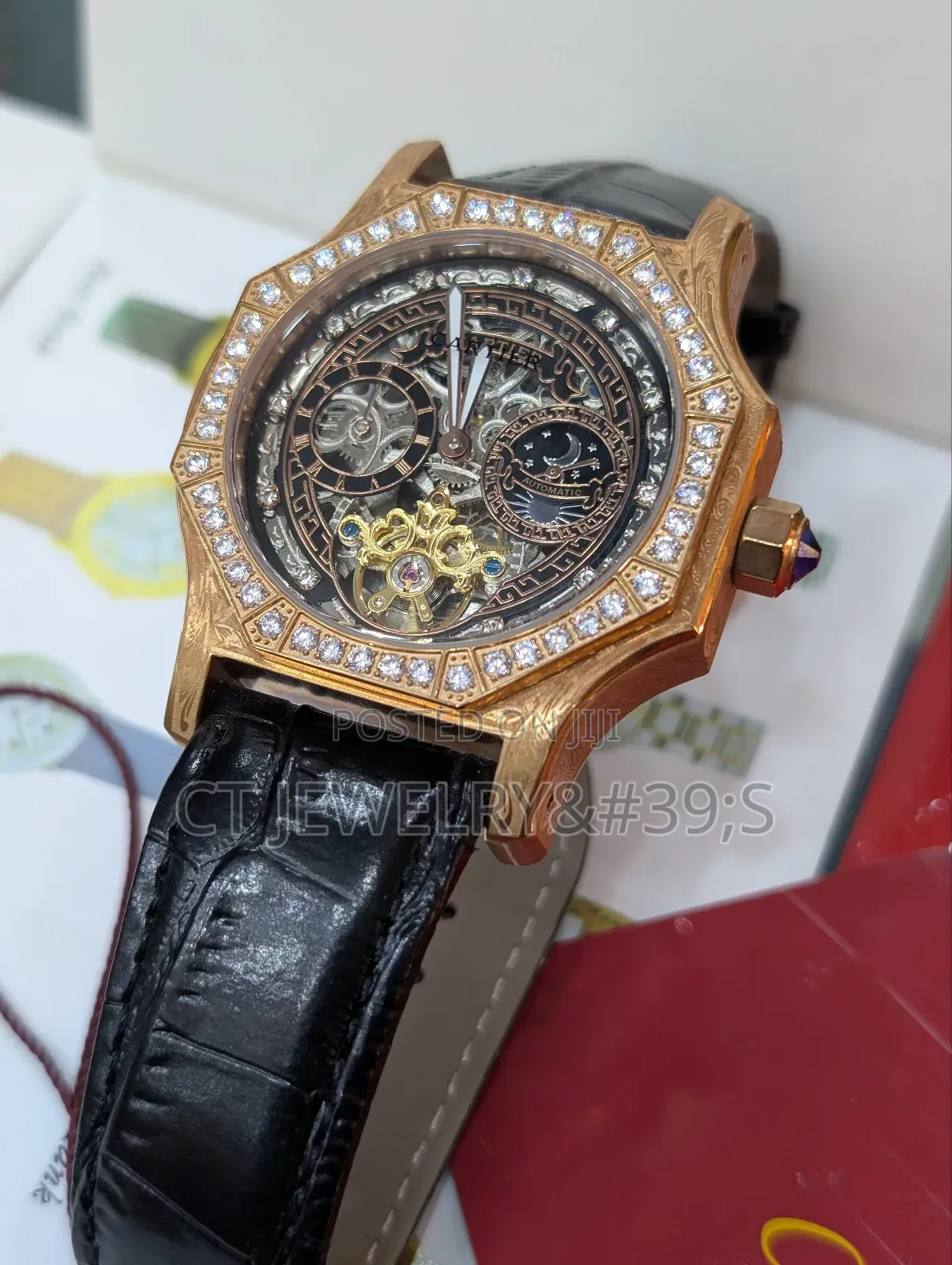 Cartier Ice Bezel Stones Genuine Leather Strap