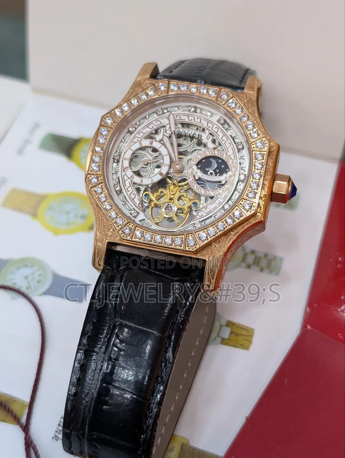 Cartier Ice Bezel Stones Genuine Leather Strap