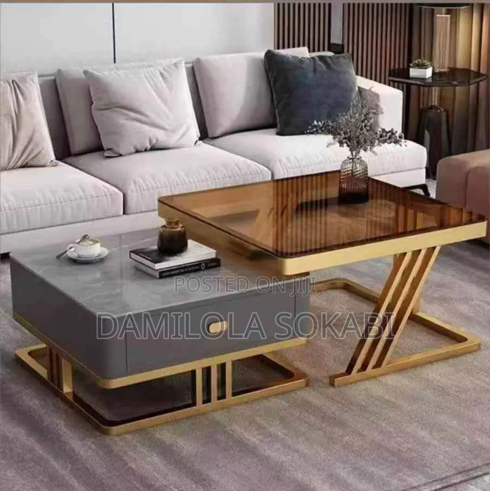 2 Set Real Marble Center Table With Drawer