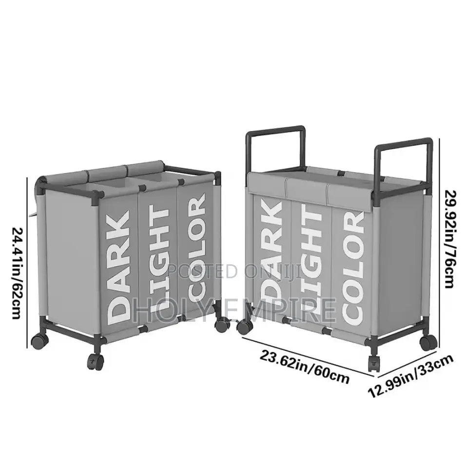 3 Compartment Rolling Laundry Basket With Lid, Mobile Dirty Clothes