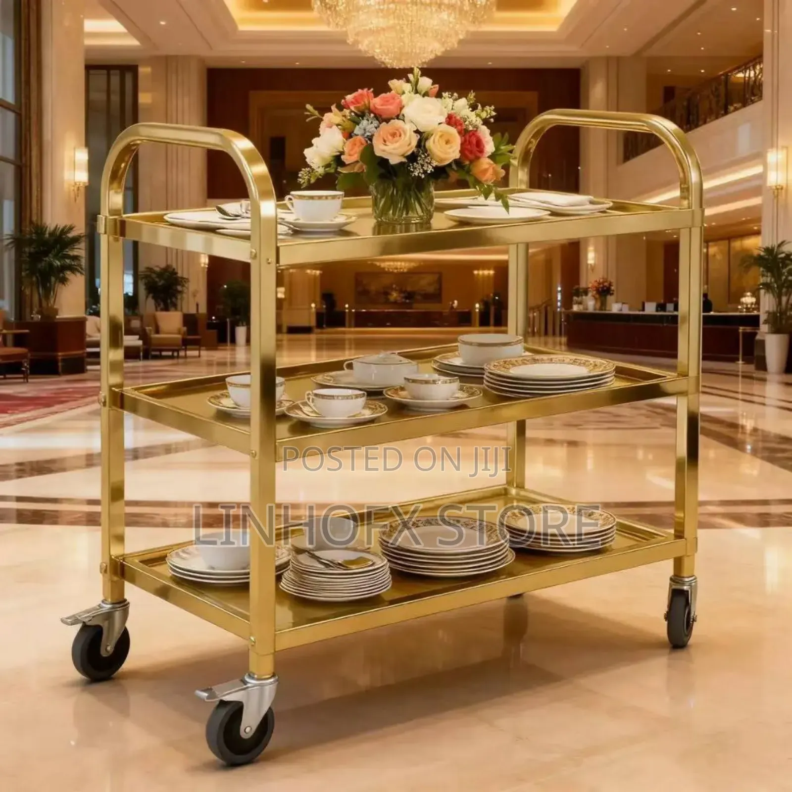Quality Stainless Steel Titanium Gold 3 Layer Food Trolley.