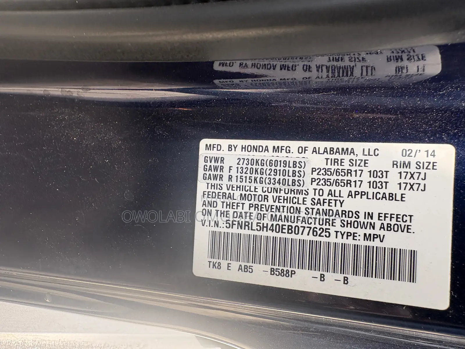Honda Odyssey Touring 4dr Minivan (3.5L 6cyl 6A) 2014 Blue