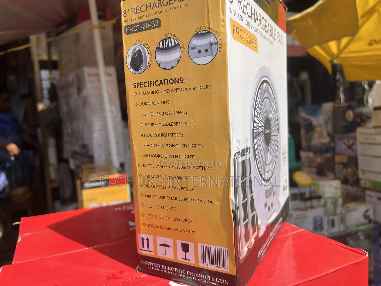 Century 8" Rechargeable Fan With Solar Panel and 2 Led Tubes